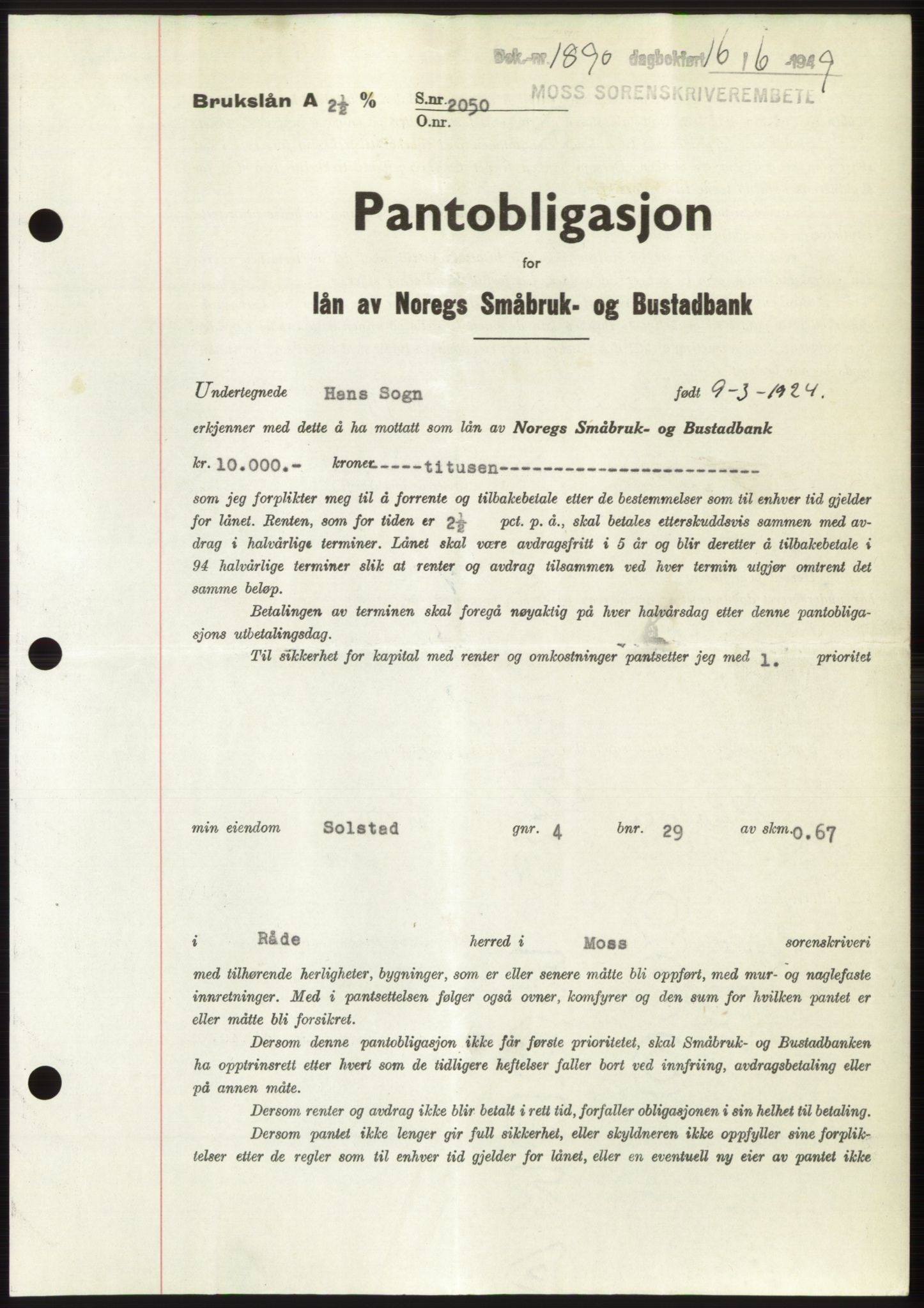 Moss sorenskriveri, SAO/A-10168: Pantebok nr. B22, 1949-1949, Dagboknr: 1890/1949