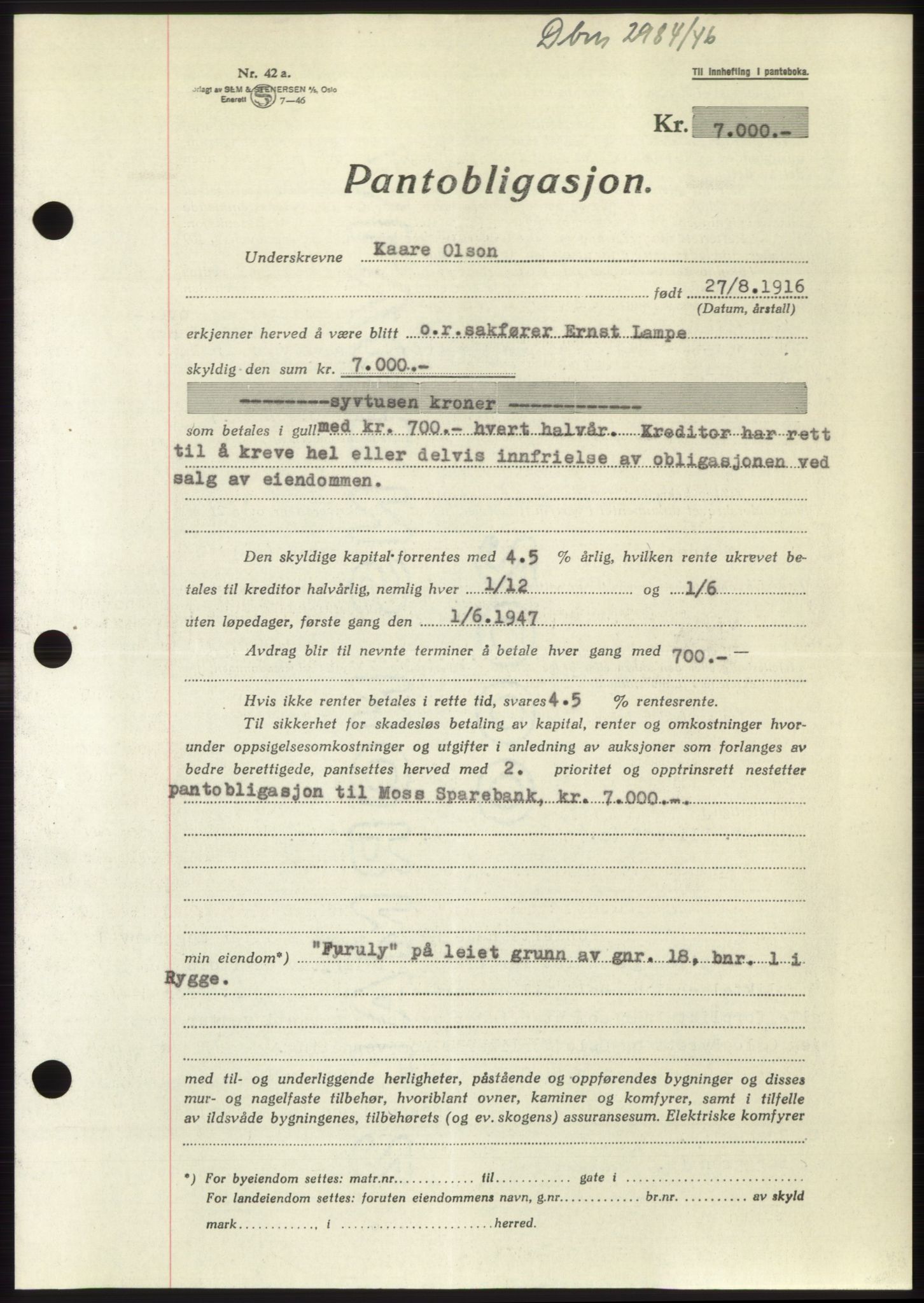 Moss sorenskriveri, SAO/A-10168: Pantebok nr. B16, 1946-1947, Dagboknr: 2984/1946