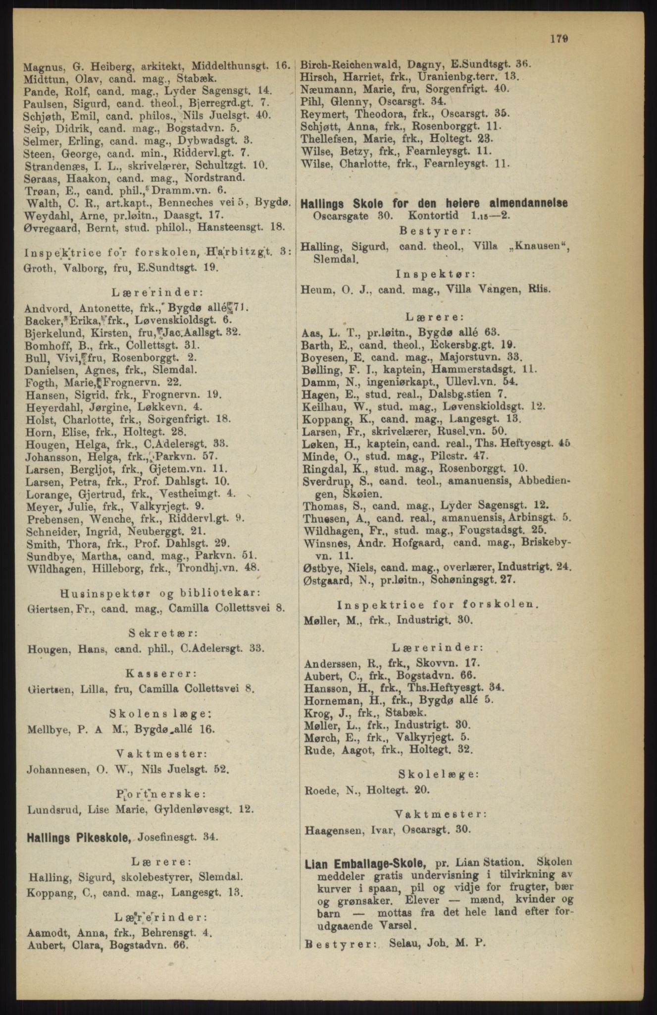 Kristiania/Oslo adressebok, PUBL/-, 1914, s. 179