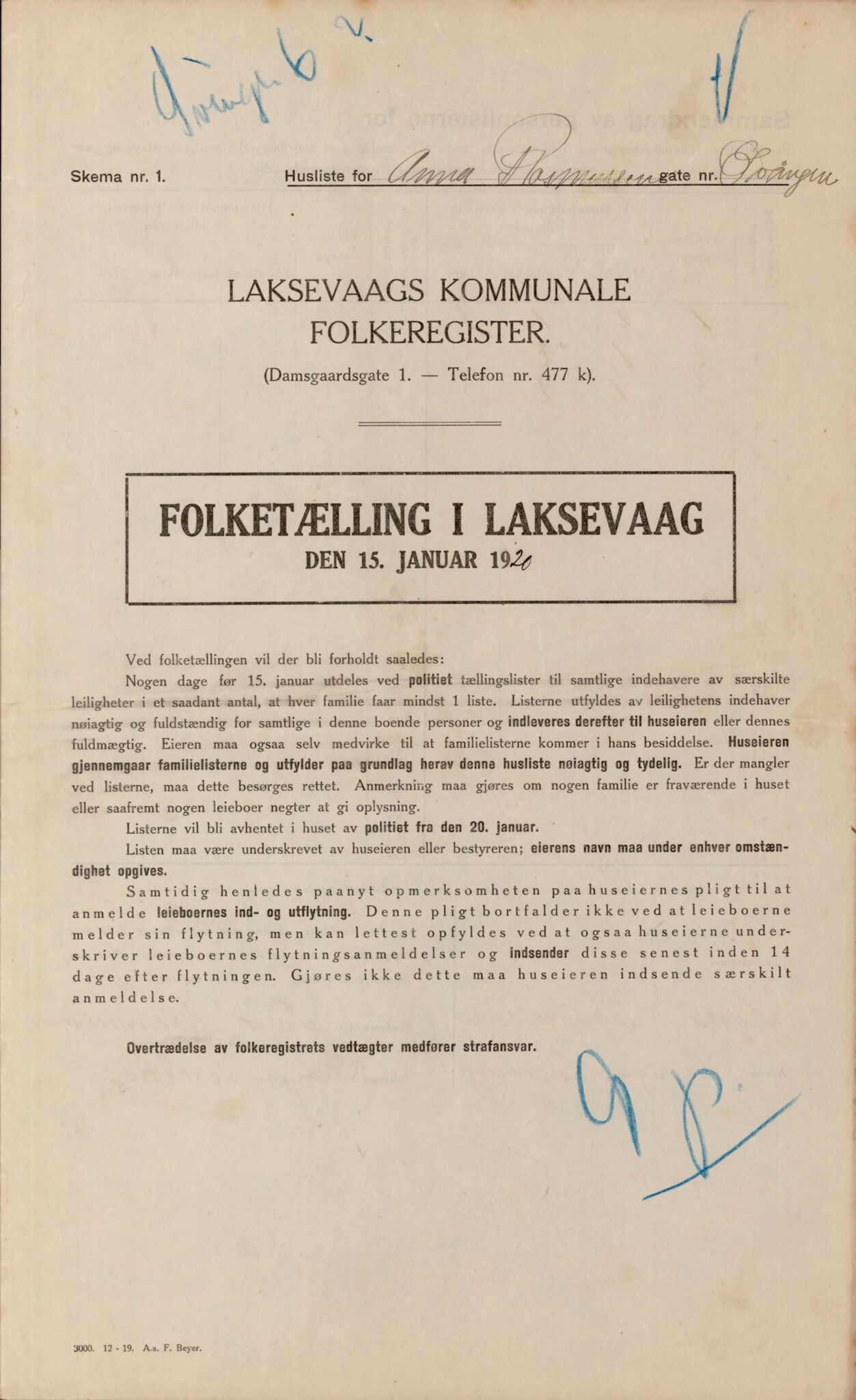 Laksevåg kommune. Folkeregisteret, BBA/A-1586/E/Ea/L0001: Folketellingskjema 1920, 1920, s. 6