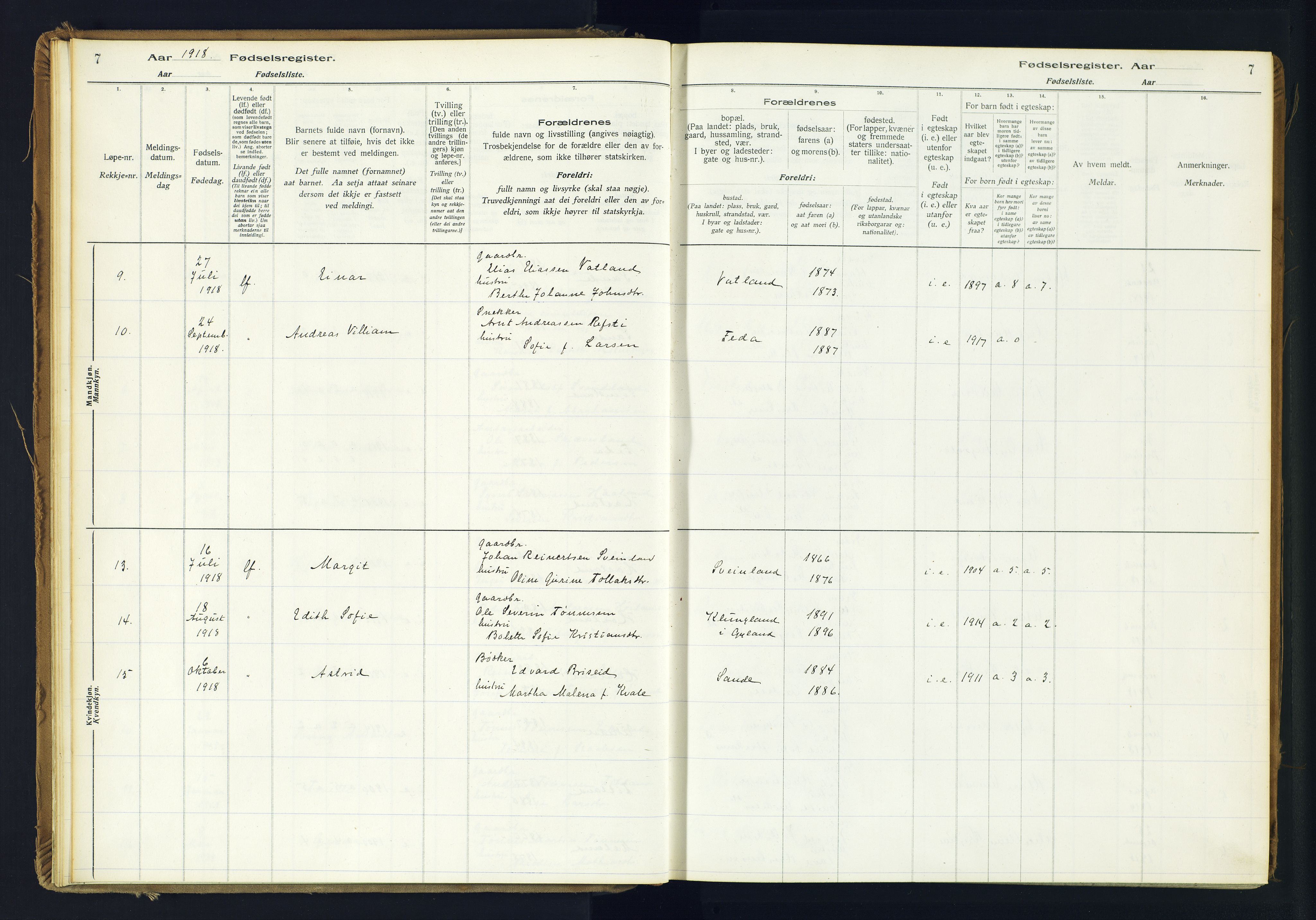 Kvinesdal sokneprestkontor, SAK/1111-0026/J/Ja/L0005: Fødselsregister nr. 5, 1916-1982, s. 7