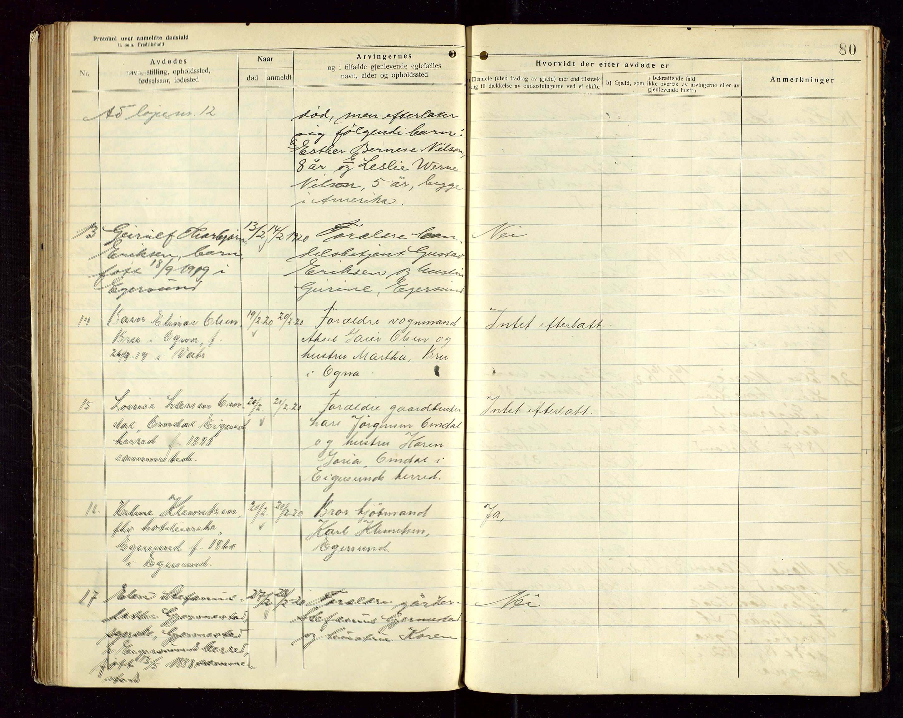 Eigersund lensmannskontor, AV/SAST-A-100171/Gga/L0007: "Protokol over anmeldte dødsfald" m/alfabetisk navneregister, 1917-1920, s. 80