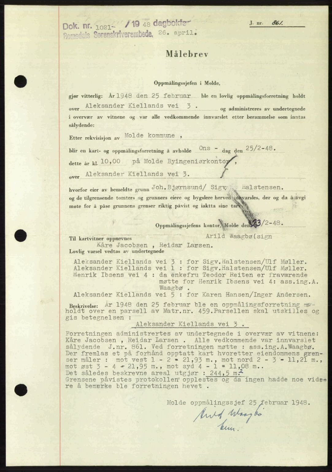 Romsdal sorenskriveri, SAT/A-4149/1/2/2C: Pantebok nr. A26, 1948-1948, Dagboknr: 1021/1948
