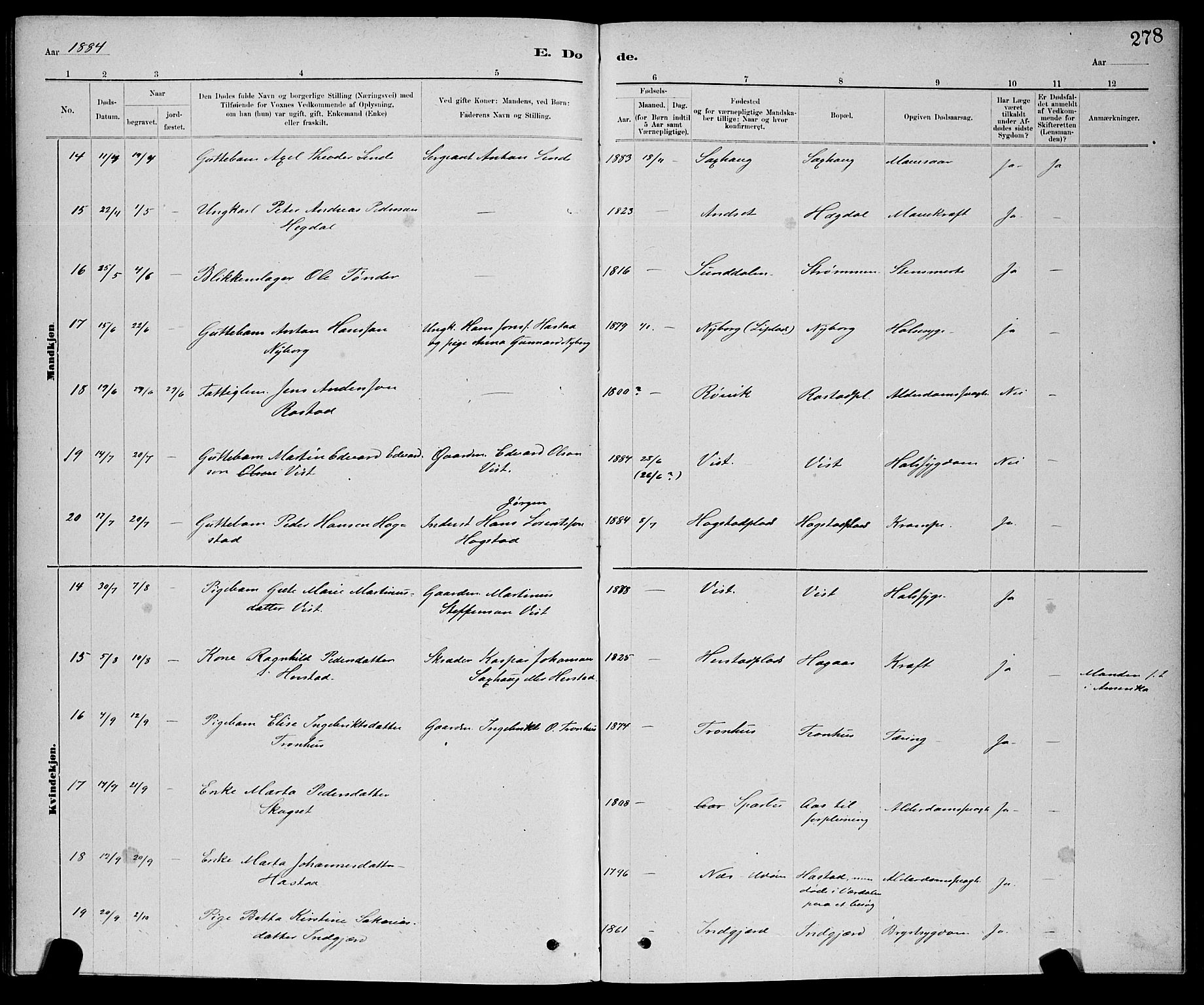 Ministerialprotokoller, klokkerbøker og fødselsregistre - Nord-Trøndelag, SAT/A-1458/730/L0301: Klokkerbok nr. 730C04, 1880-1897, s. 278