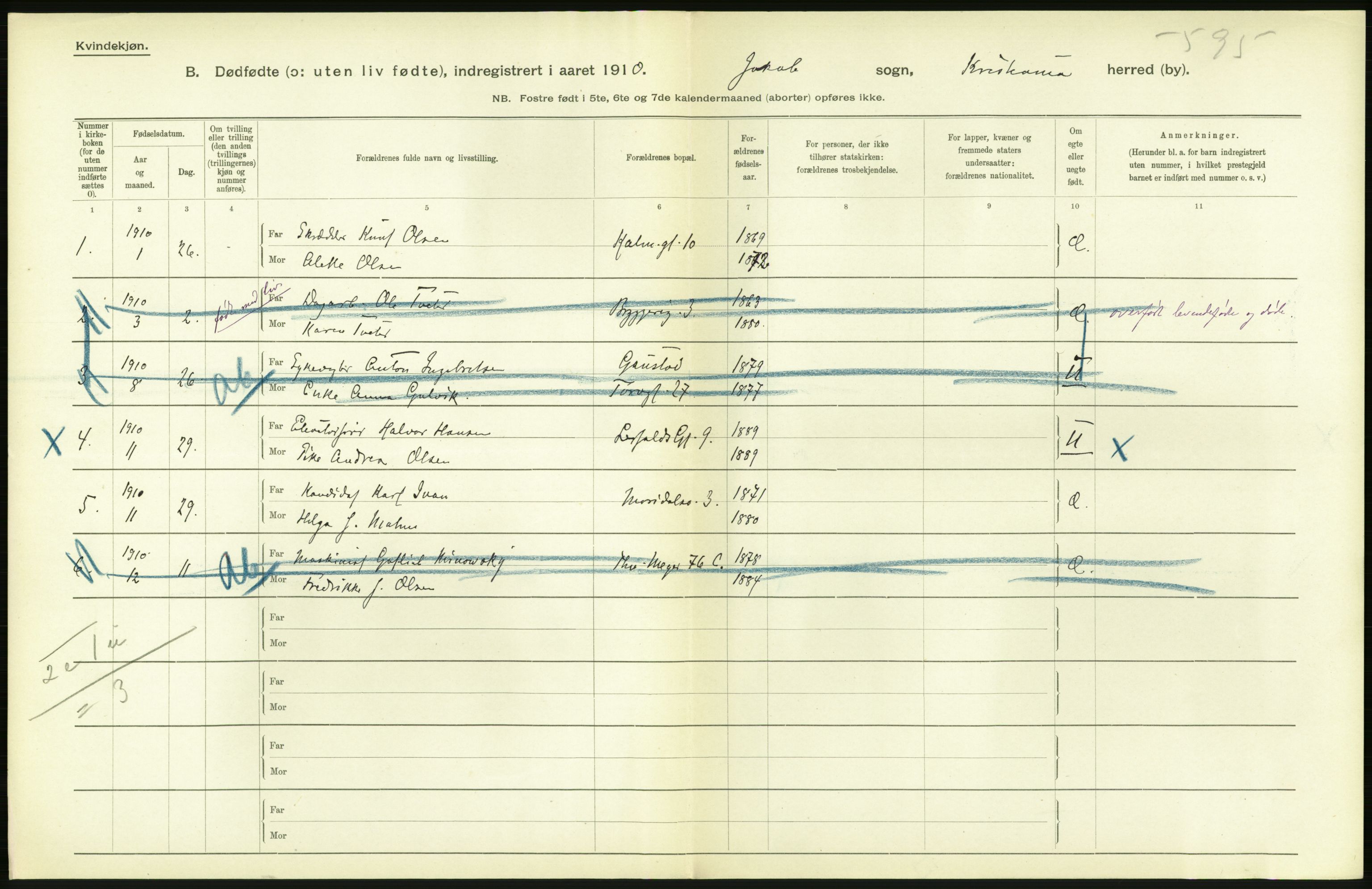 Statistisk sentralbyrå, Sosiodemografiske emner, Befolkning, AV/RA-S-2228/D/Df/Dfa/Dfah/L0009: Kristiania: Gifte og dødfødte., 1910, s. 846