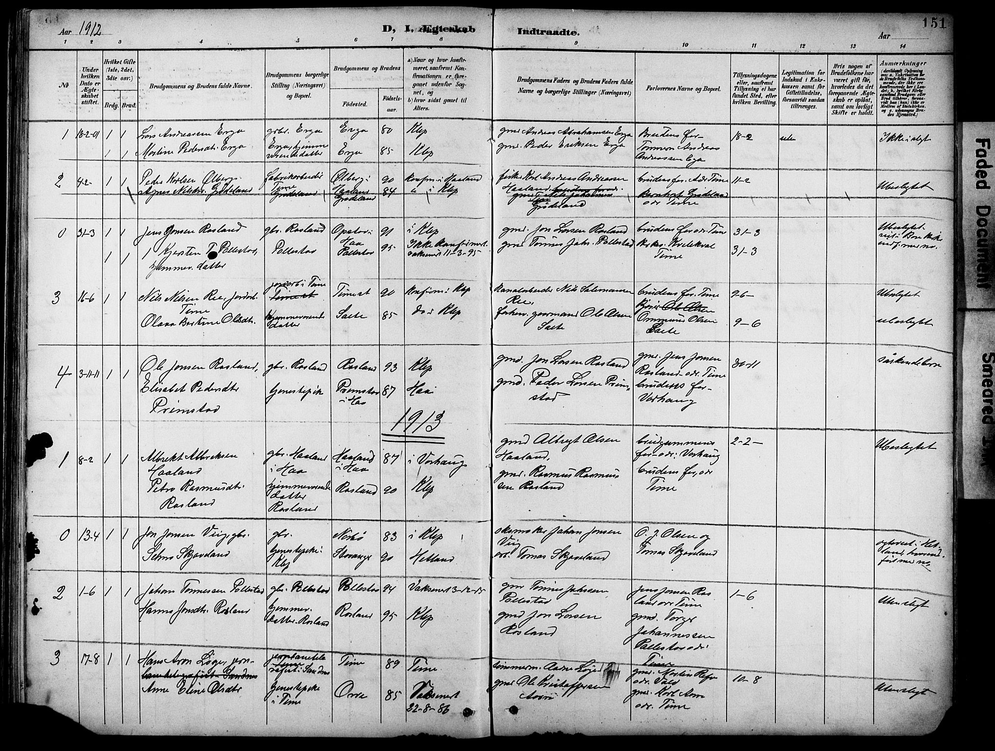 Klepp sokneprestkontor, SAST/A-101803/001/3/30BB/L0005: Klokkerbok nr. B 5, 1889-1918, s. 151