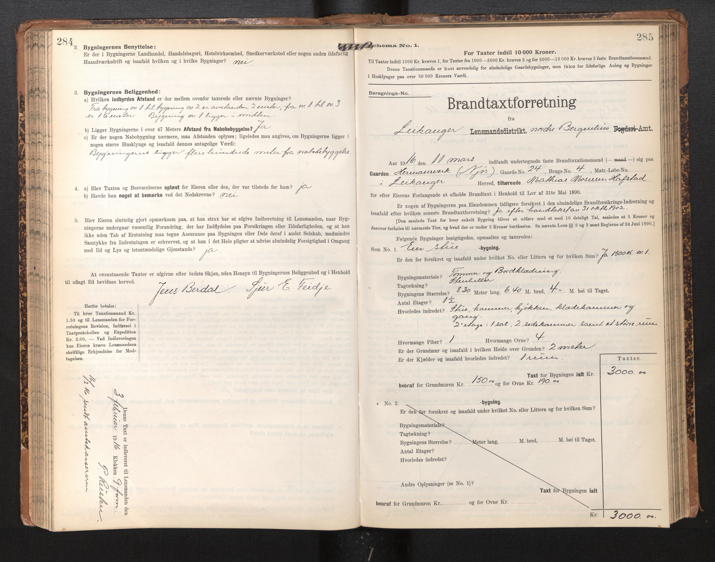 Lensmannen i Leikanger, AV/SAB-A-29201/0012/L0005: Branntakstprotokoll, skjematakst, 1907-1917, s. 284-285