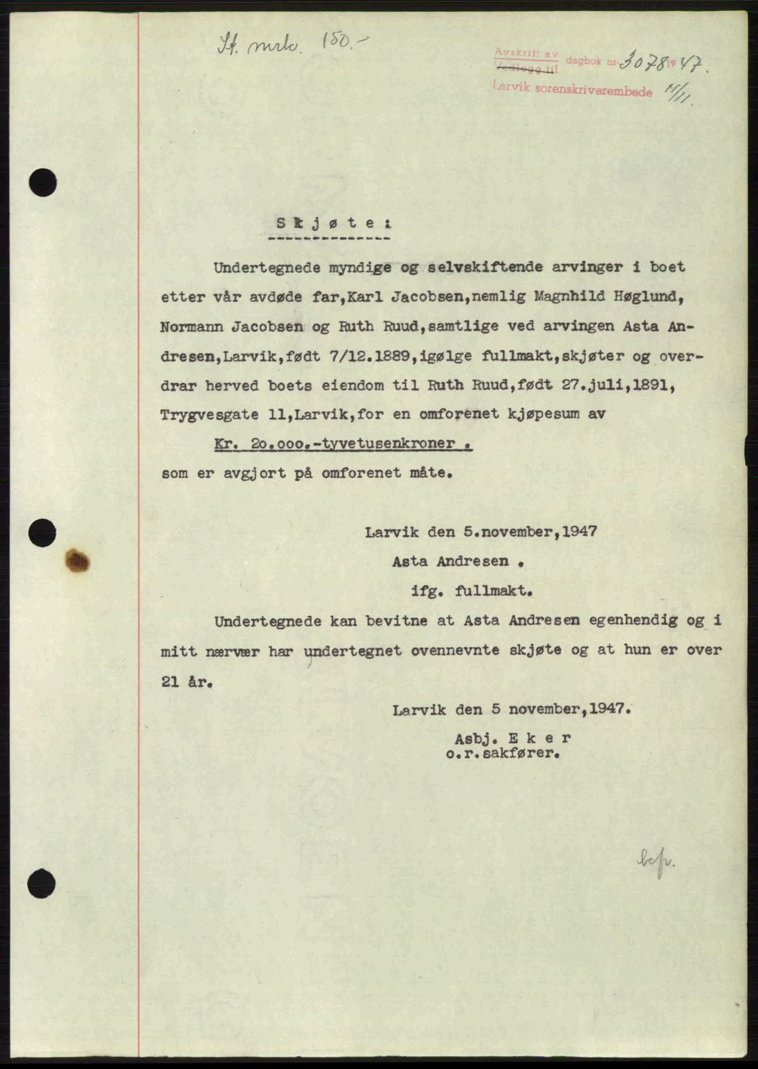 Larvik sorenskriveri, SAKO/A-83/G/Ga/Gab/L0085: Pantebok nr. A-19, 1947-1948, Dagboknr: 3078/1947