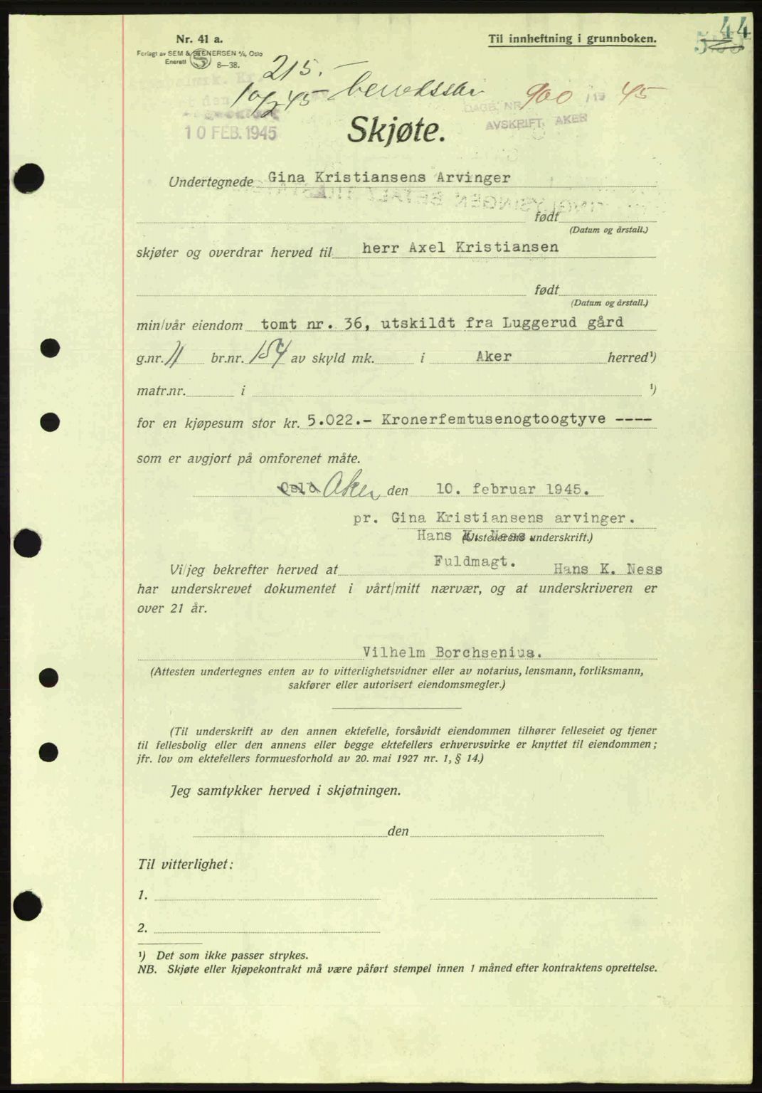 Aker herredsskriveri, SAO/A-10896/G/Gb/Gba/Gbab/L0063: Pantebok nr. A184-185, 1944-1945, Dagboknr: 900/1945