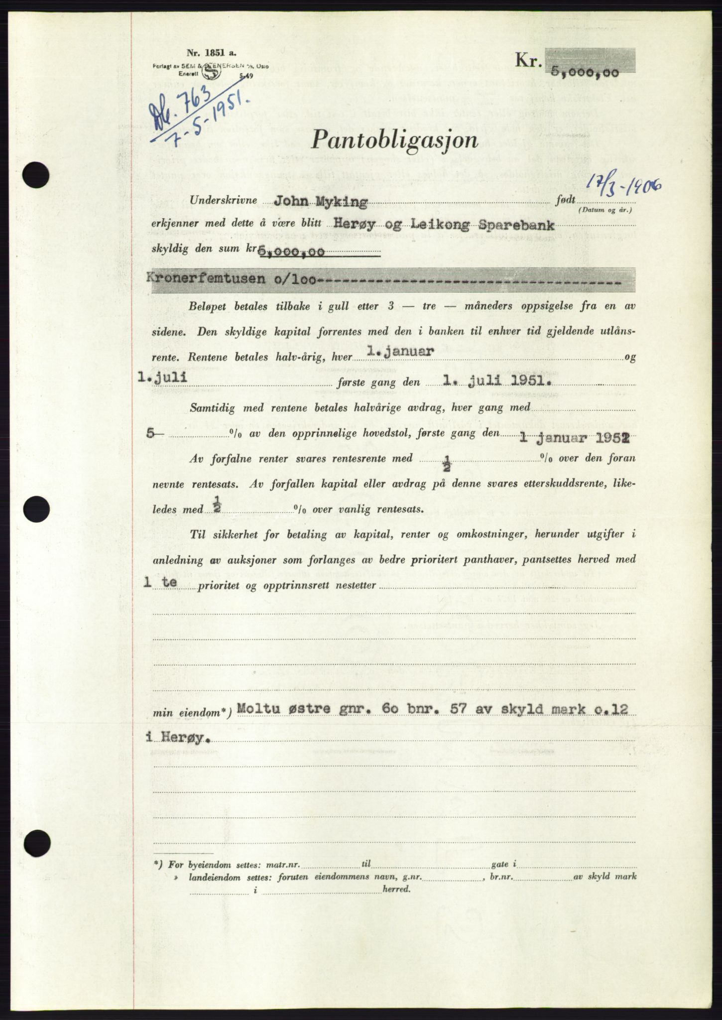 Søre Sunnmøre sorenskriveri, AV/SAT-A-4122/1/2/2C/L0120: Pantebok nr. 8B, 1951-1951, Dagboknr: 763/1951