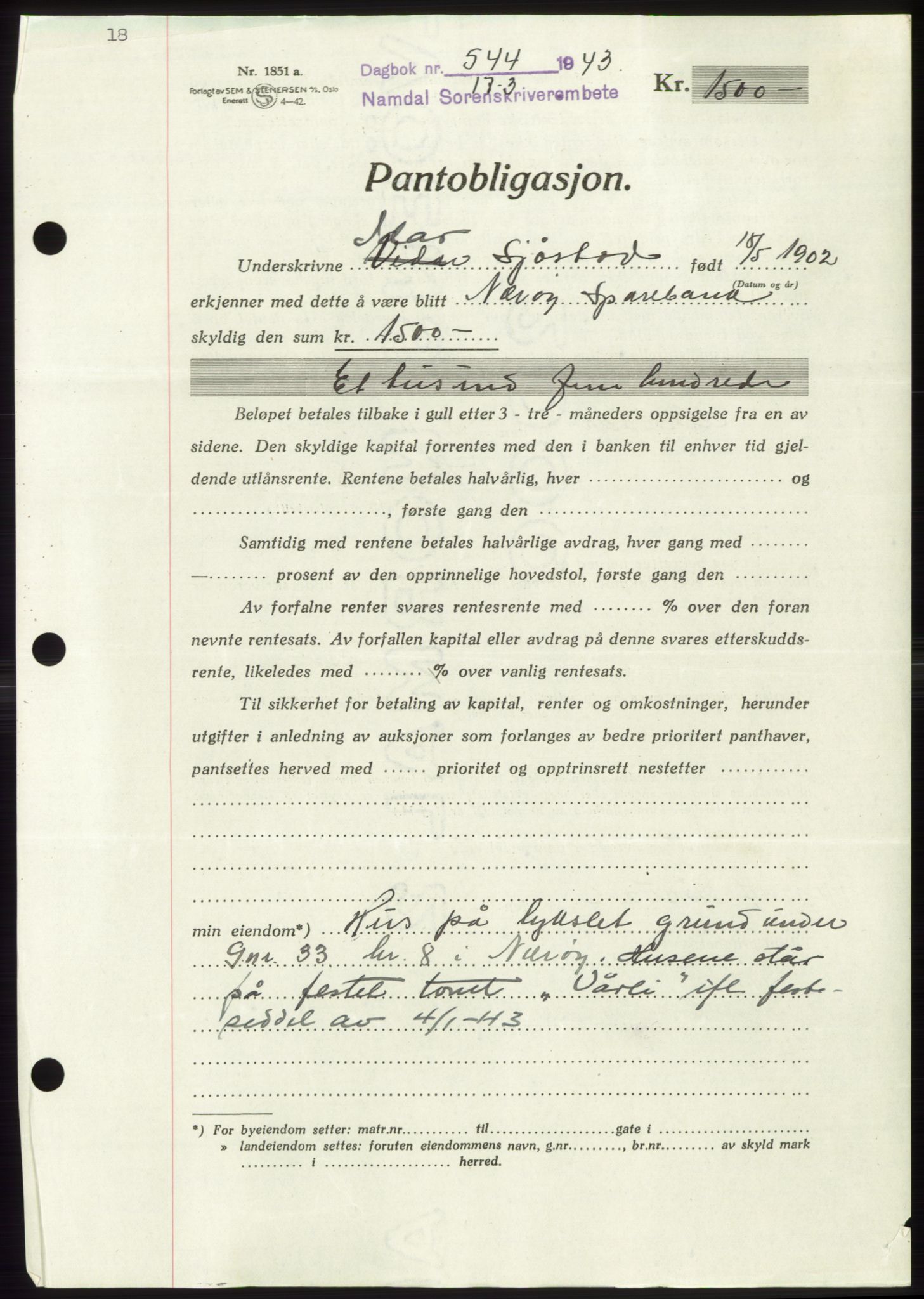 Namdal sorenskriveri, SAT/A-4133/1/2/2C: Pantebok nr. -, 1942-1943, Dagboknr: 544/1943