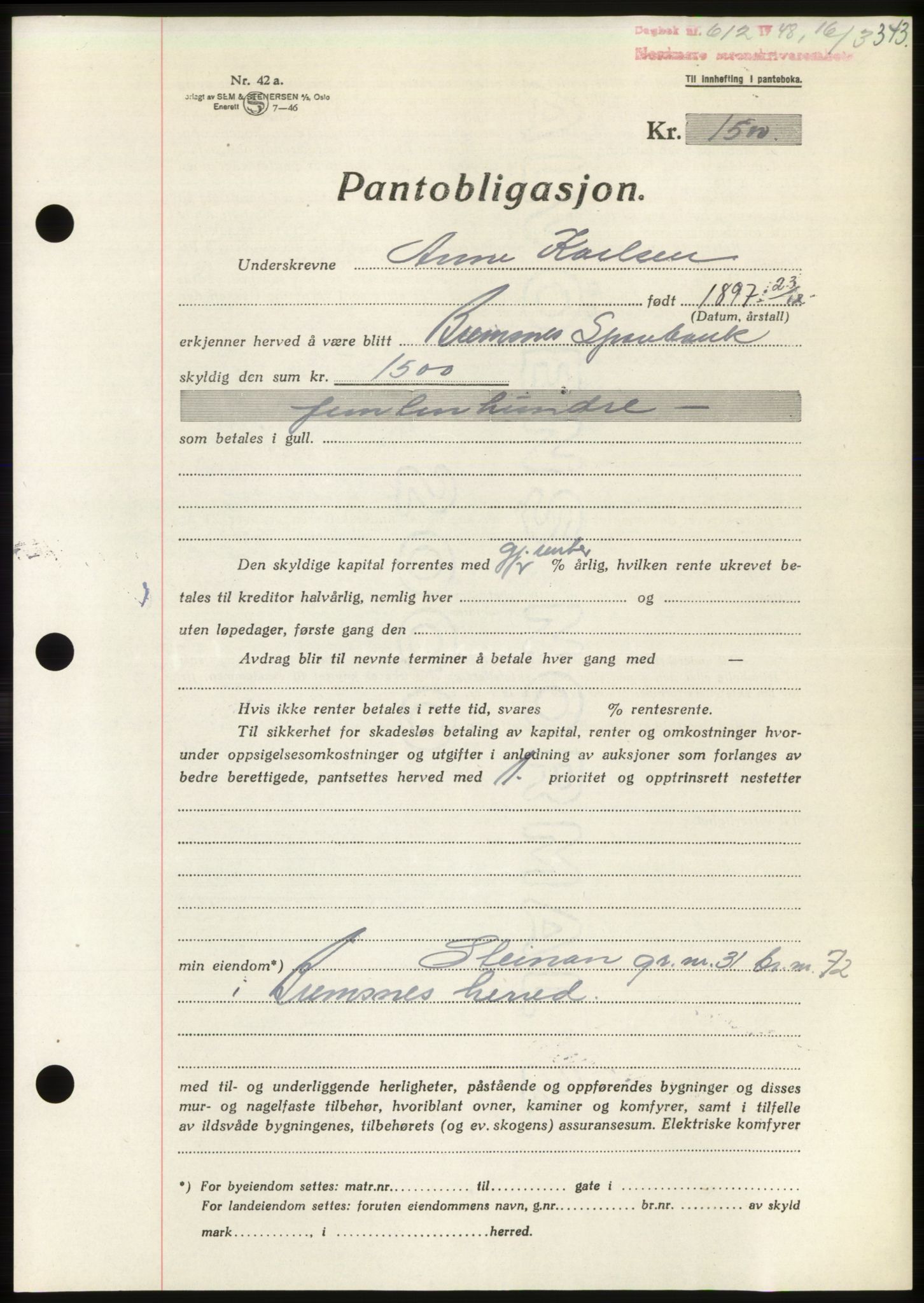 Nordmøre sorenskriveri, SAT/A-4132/1/2/2Ca: Pantebok nr. B98, 1948-1948, Dagboknr: 612/1948