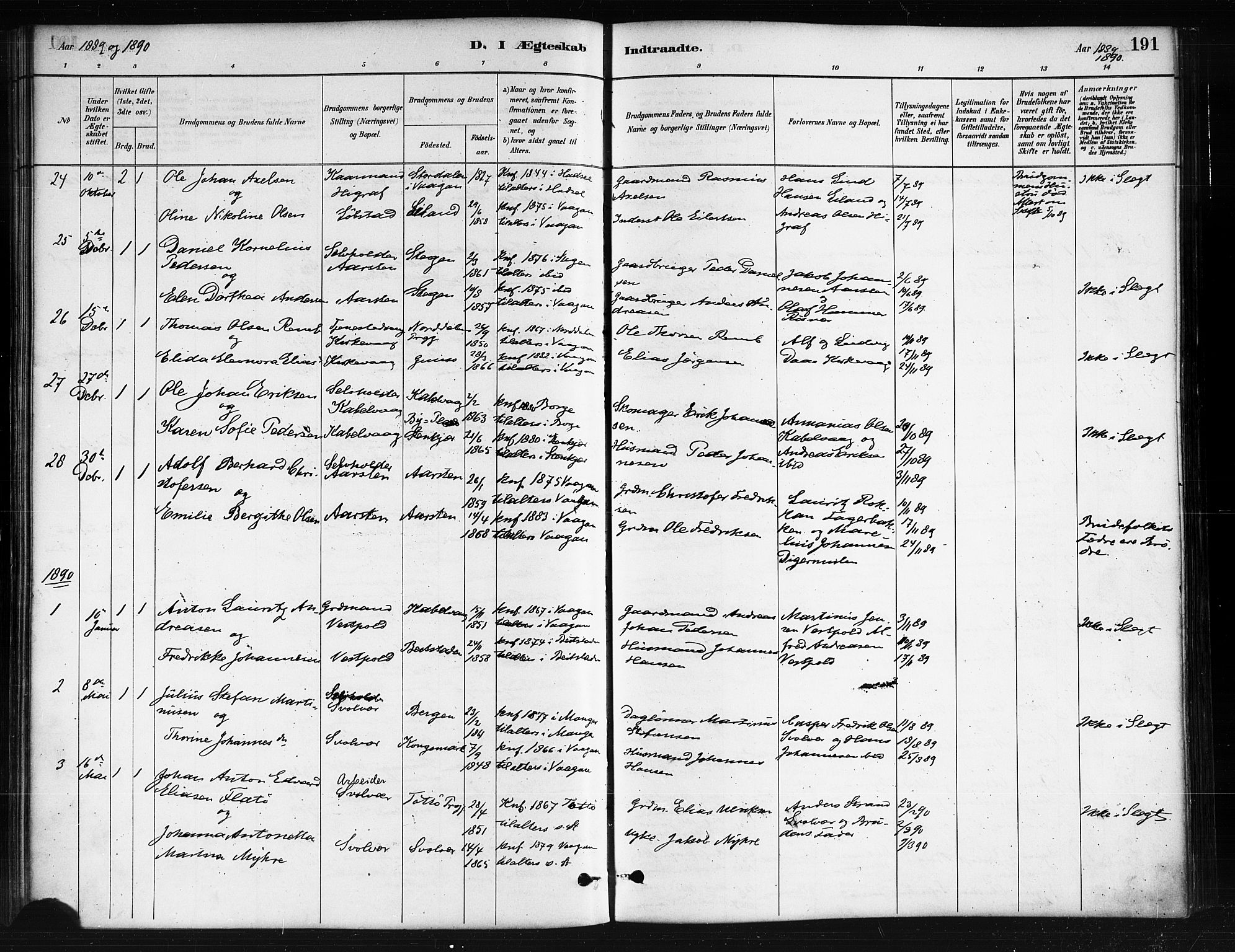Ministerialprotokoller, klokkerbøker og fødselsregistre - Nordland, SAT/A-1459/874/L1059: Ministerialbok nr. 874A03, 1884-1890, s. 191