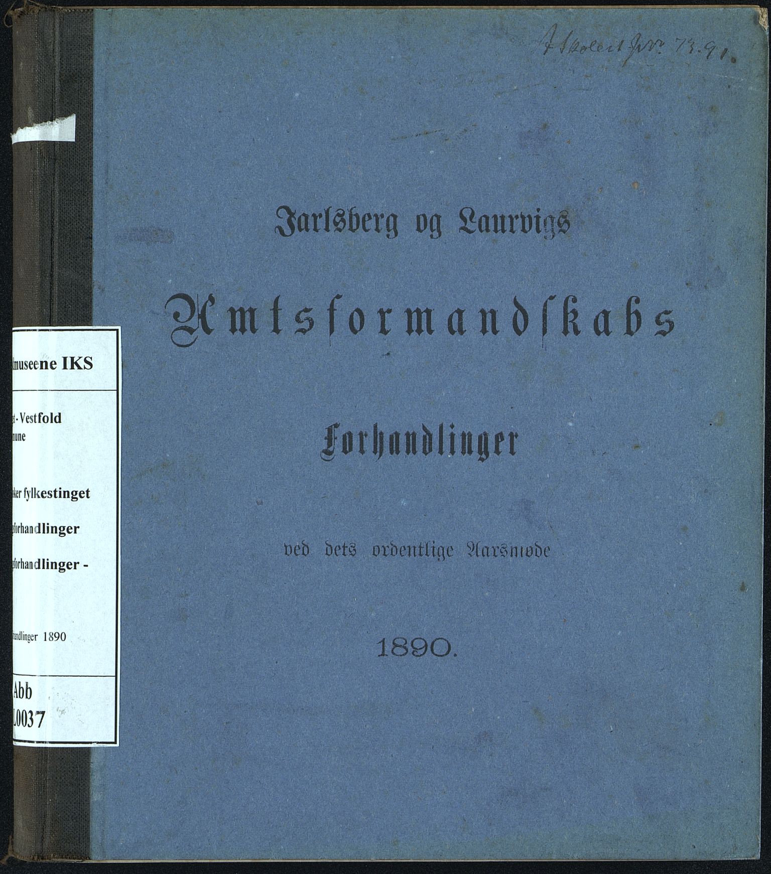 Vestfold fylkeskommune. Fylkestinget, VEMU/A-1315/A/Ab/Abb/L0037: Fylkestingsforhandlinger, 1890