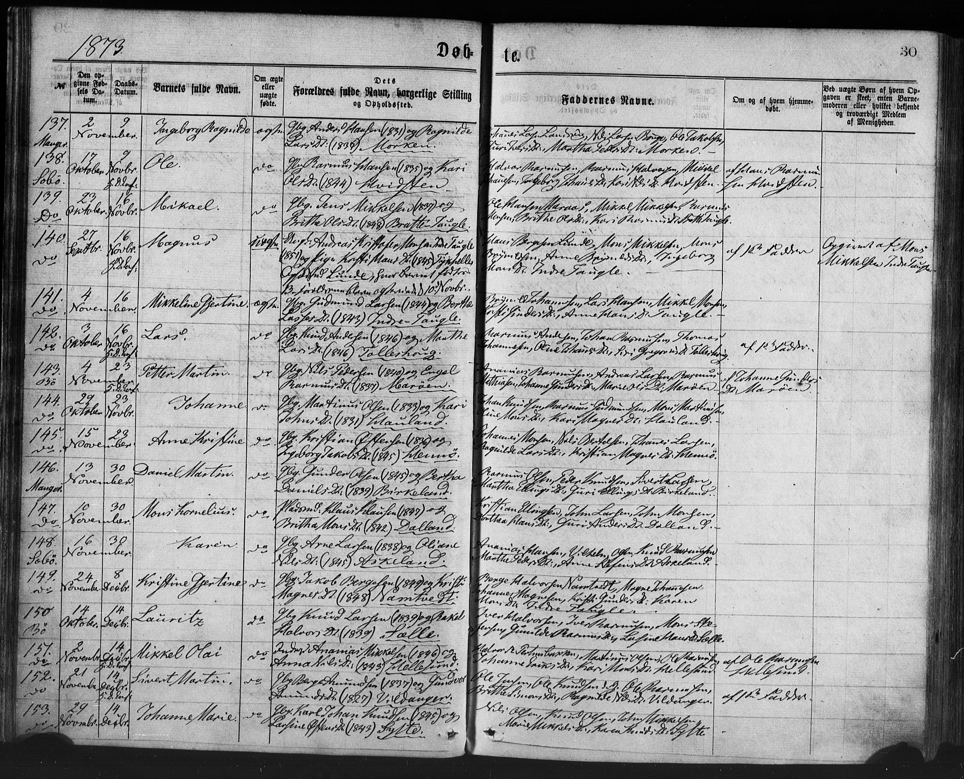 Manger sokneprestembete, AV/SAB-A-76801/H/Haa: Ministerialbok nr. A 8, 1871-1880, s. 30