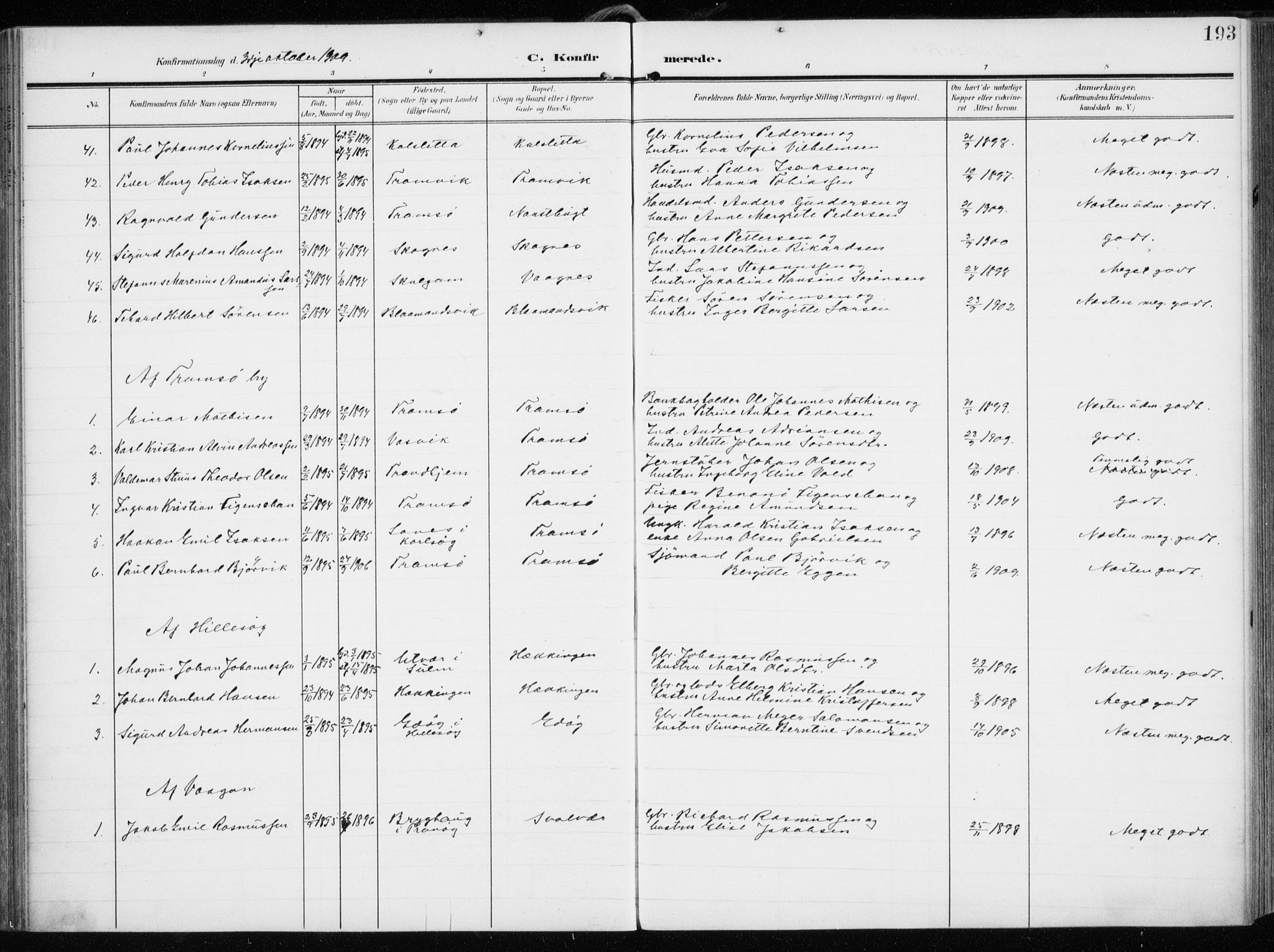 Tromsøysund sokneprestkontor, AV/SATØ-S-1304/G/Ga/L0007kirke: Ministerialbok nr. 7, 1907-1914, s. 193