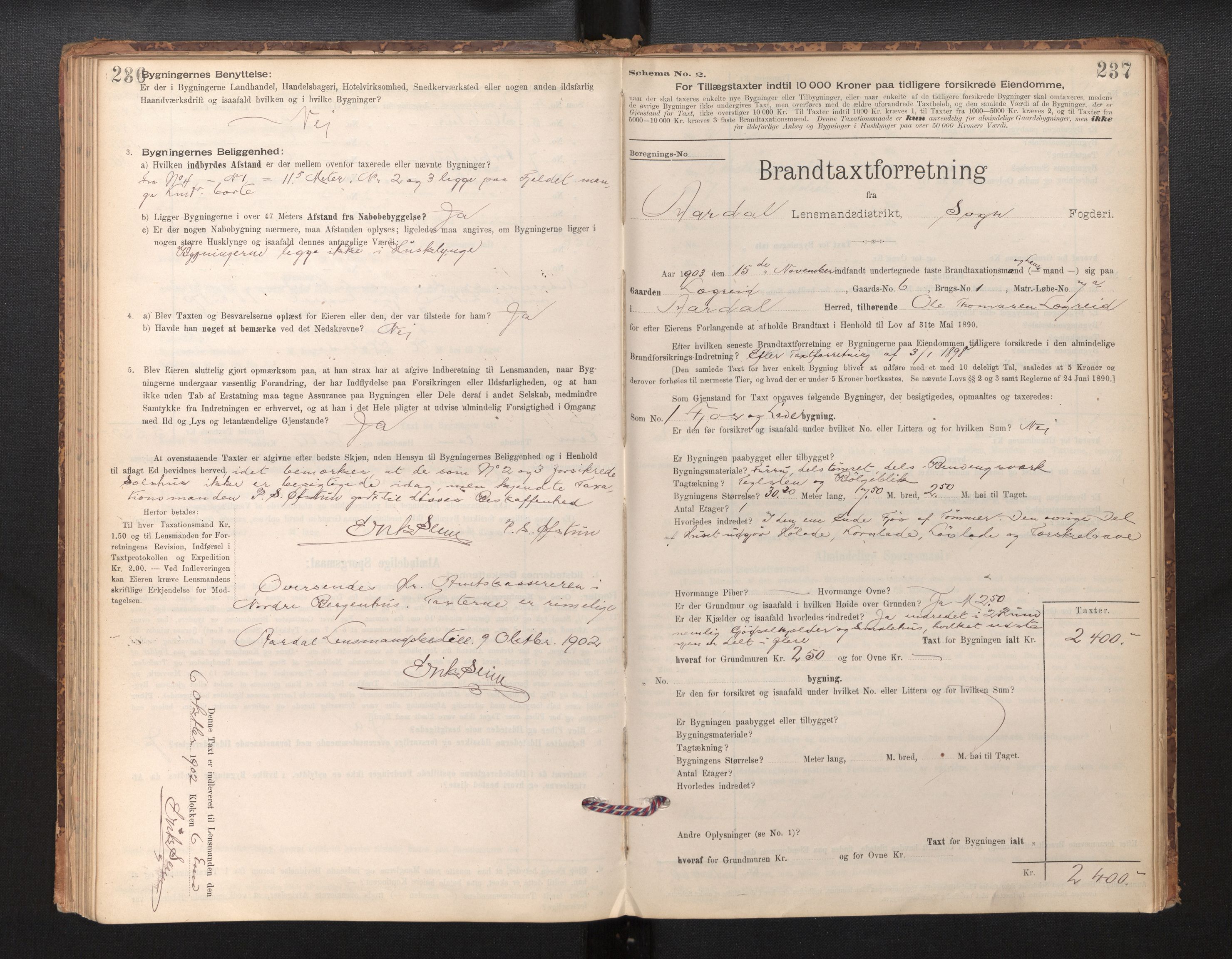 Lensmannen i Årdal, SAB/A-30501/0012/L0008: Branntakstprotokoll, skjematakst, 1895-1915, s. 236-237