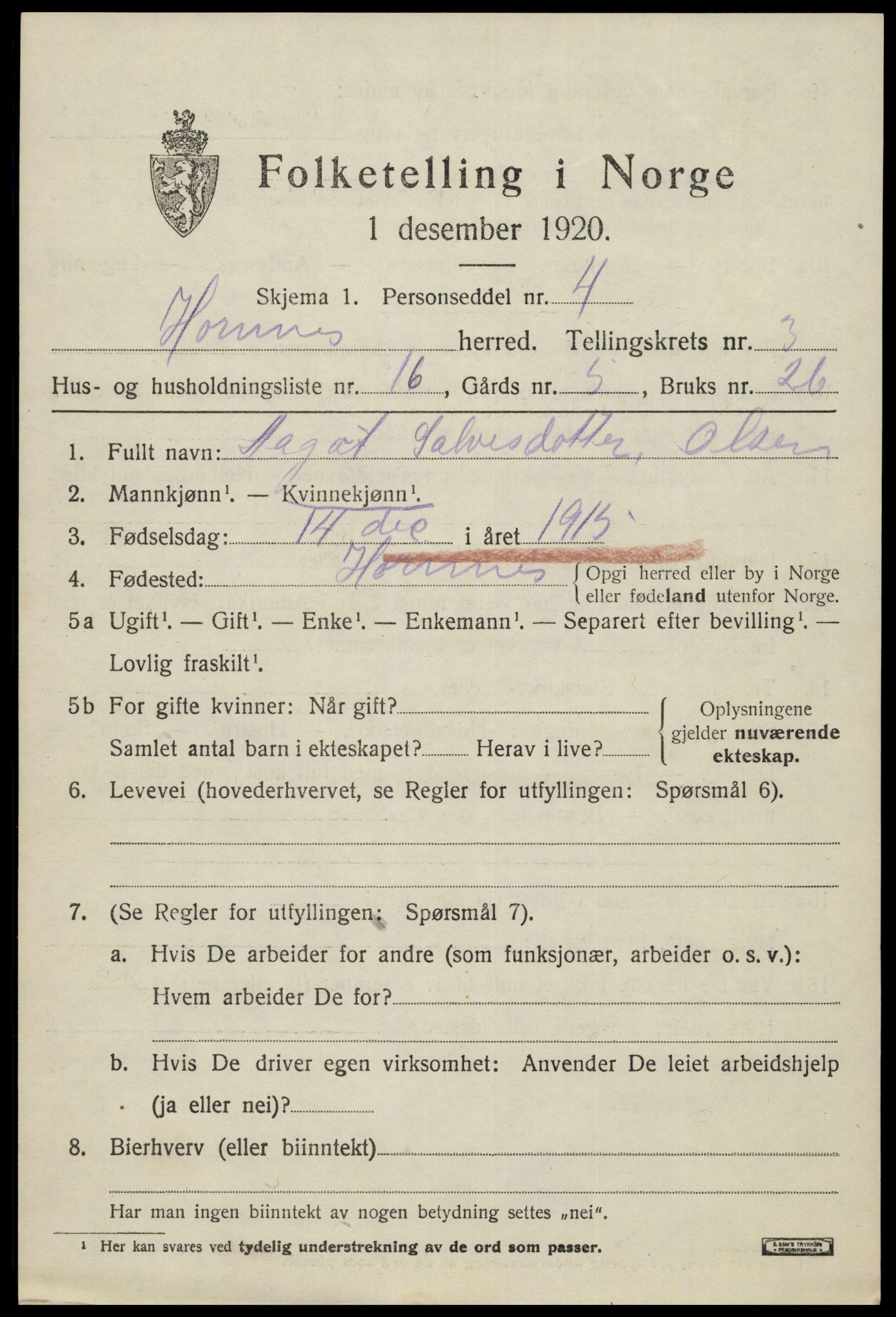 SAK, Folketelling 1920 for 0936 Hornnes herred, 1920, s. 1003