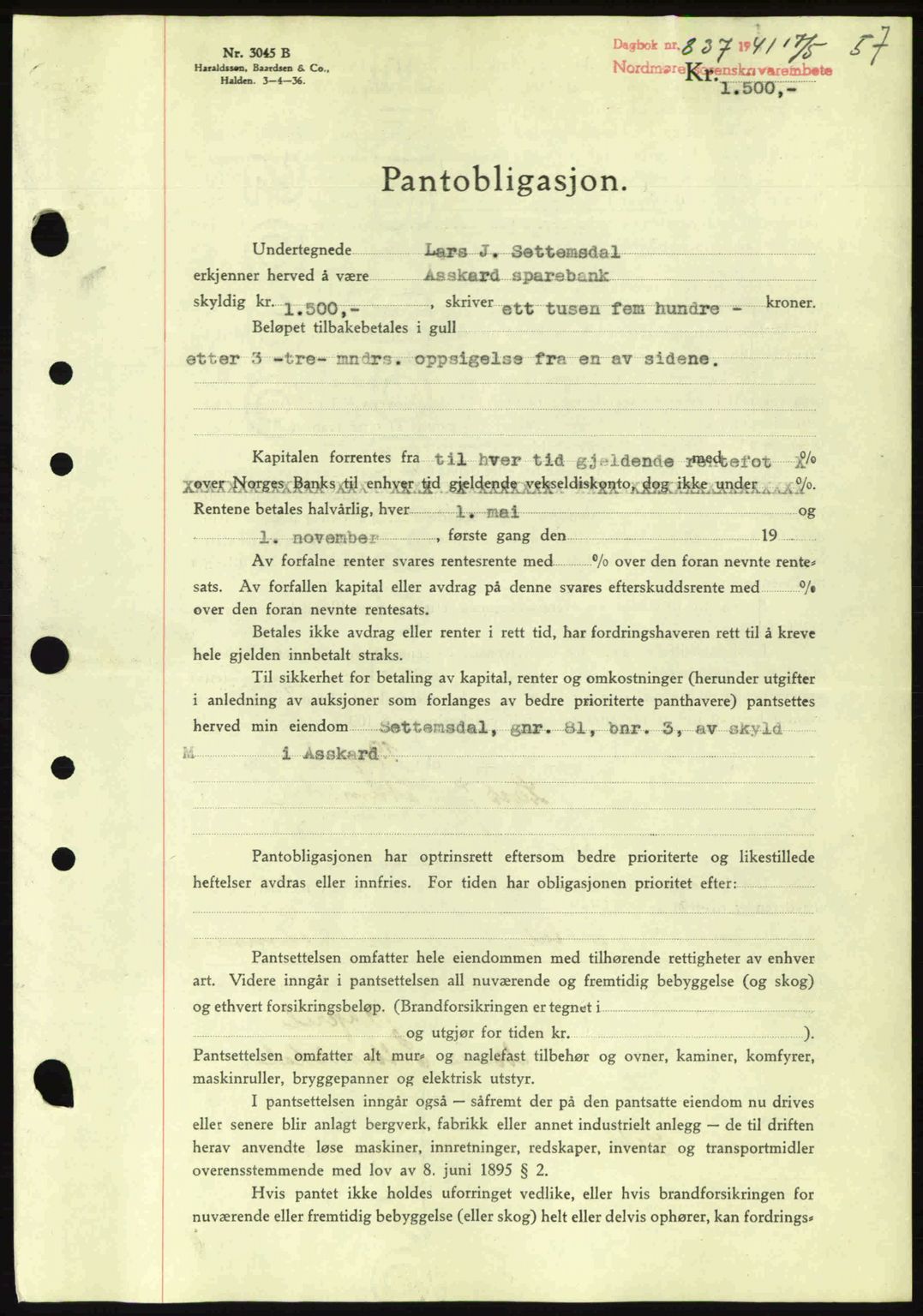 Nordmøre sorenskriveri, SAT/A-4132/1/2/2Ca: Pantebok nr. B88, 1941-1942, Dagboknr: 837/1941