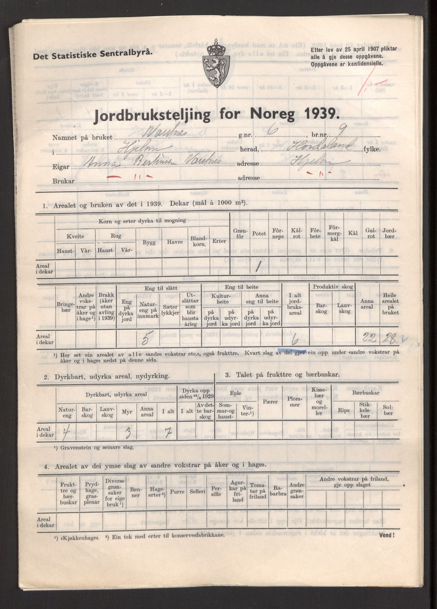 Statistisk sentralbyrå, Næringsøkonomiske emner, Jordbruk, skogbruk, jakt, fiske og fangst, AV/RA-S-2234/G/Gb/L0211: Hordaland: Herdla, Hjelme og Manger, 1939, s. 1193