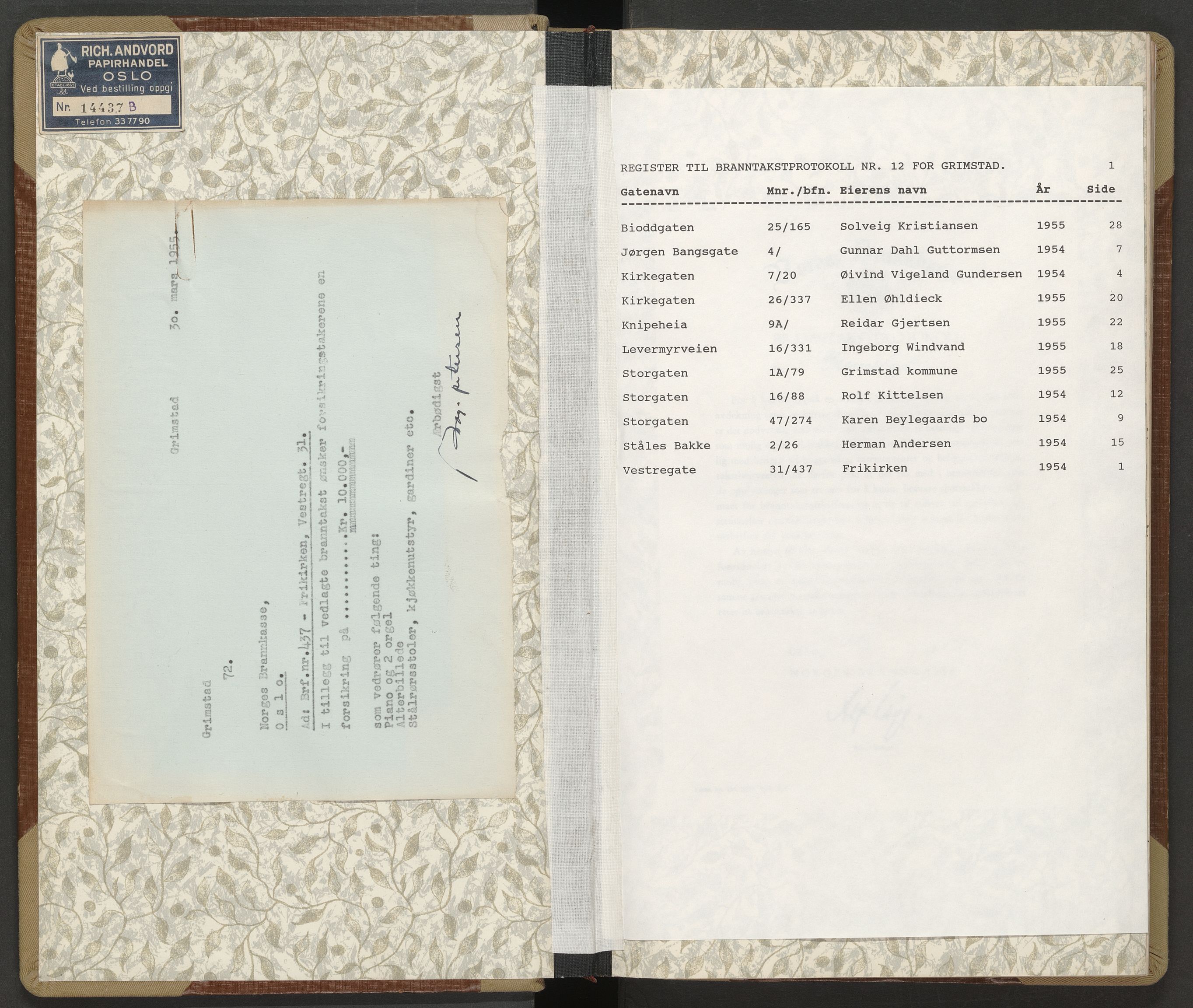 Norges Brannkasse Grimstad, AV/SAK-2241-0018/F/Fa/L0019: Branntakstprotokoll nr. 12 med gatenavnregister, 1954-1955