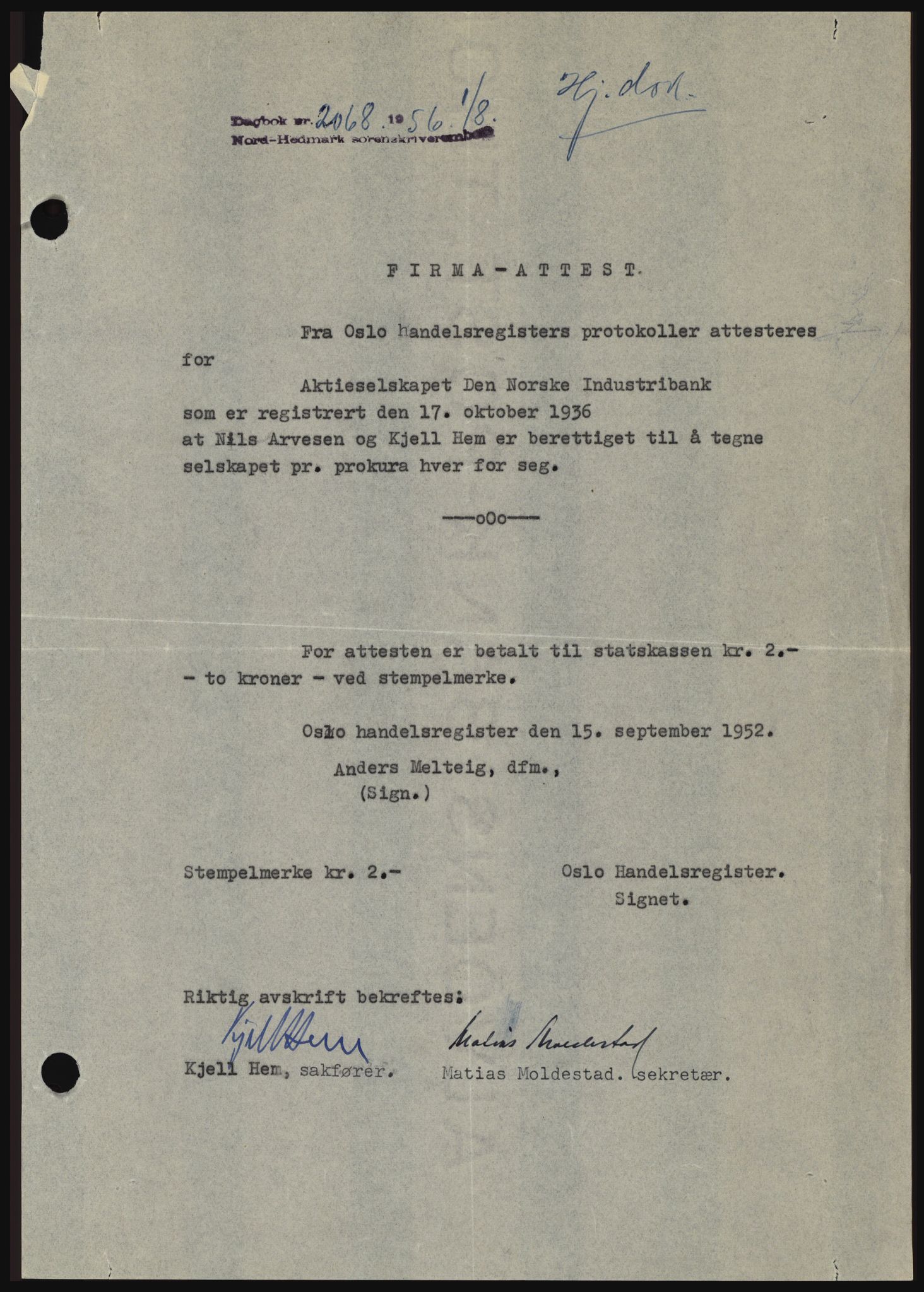 Nord-Hedmark sorenskriveri, SAH/TING-012/H/Hc/L0010: Pantebok nr. 10, 1955-1956, Dagboknr: 2068/1956