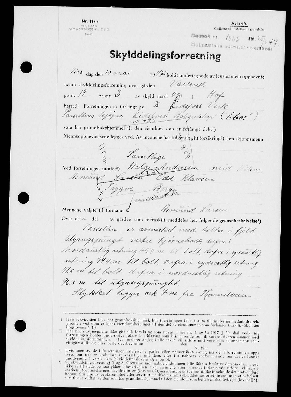 Holmestrand sorenskriveri, SAKO/A-67/G/Ga/Gaa/L0062: Pantebok nr. A-62, 1947-1947, Dagboknr: 1066/1947