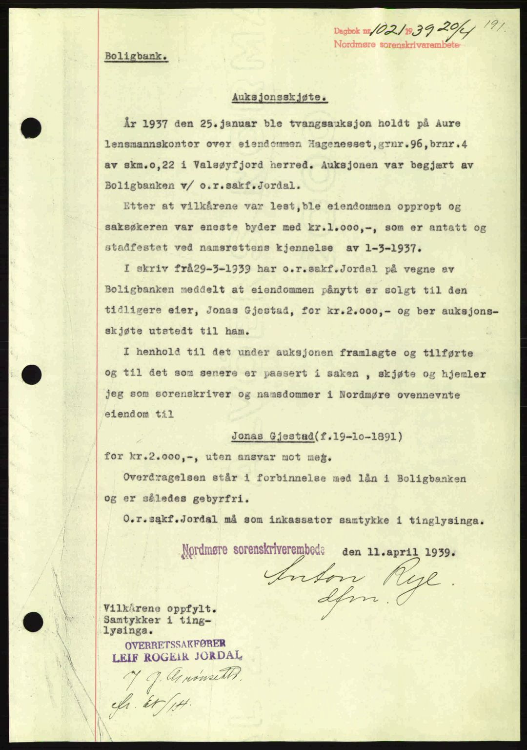 Nordmøre sorenskriveri, SAT/A-4132/1/2/2Ca: Pantebok nr. A86, 1939-1939, Dagboknr: 1021/1939