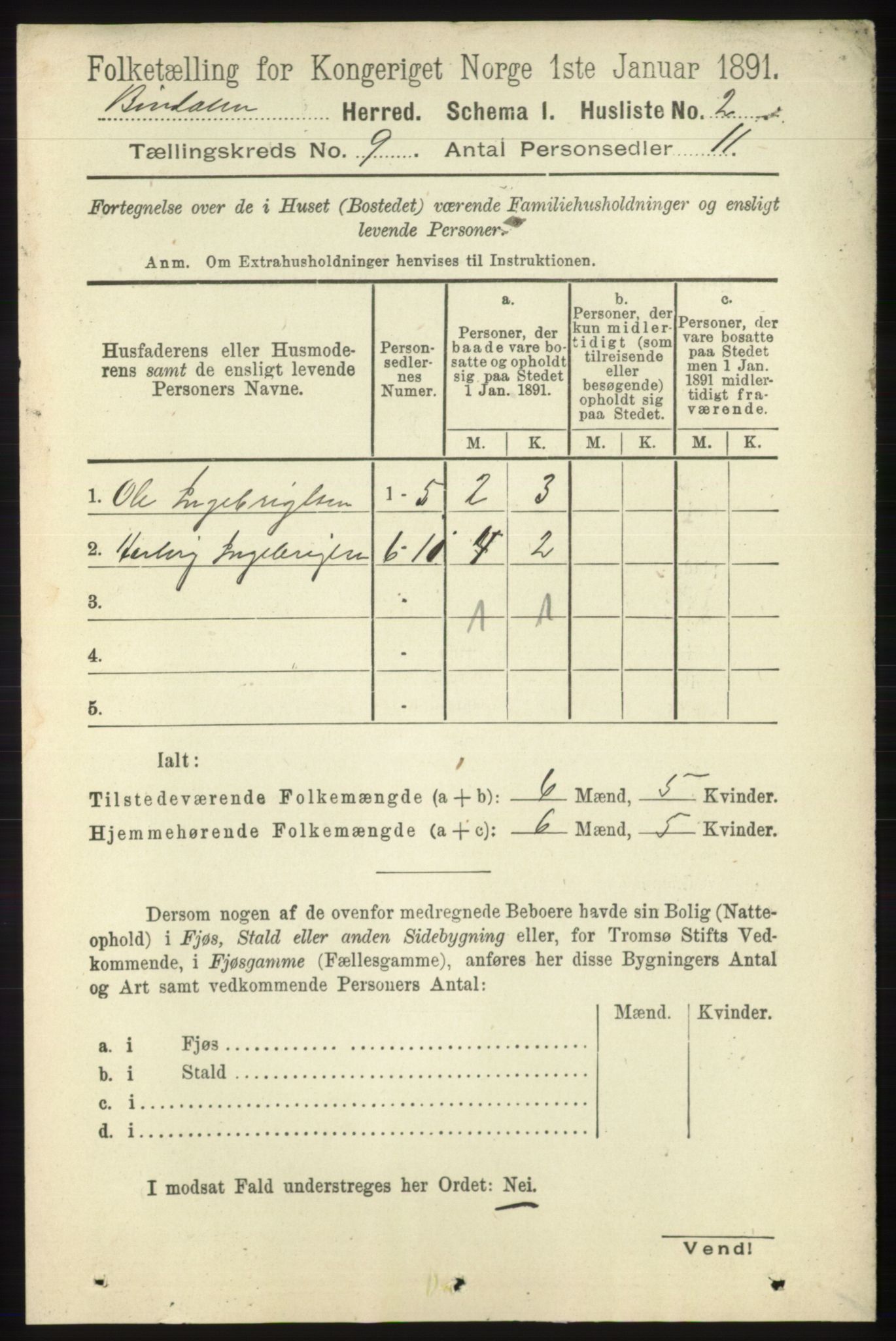 RA, Folketelling 1891 for 1811 Bindal herred, 1891, s. 2919