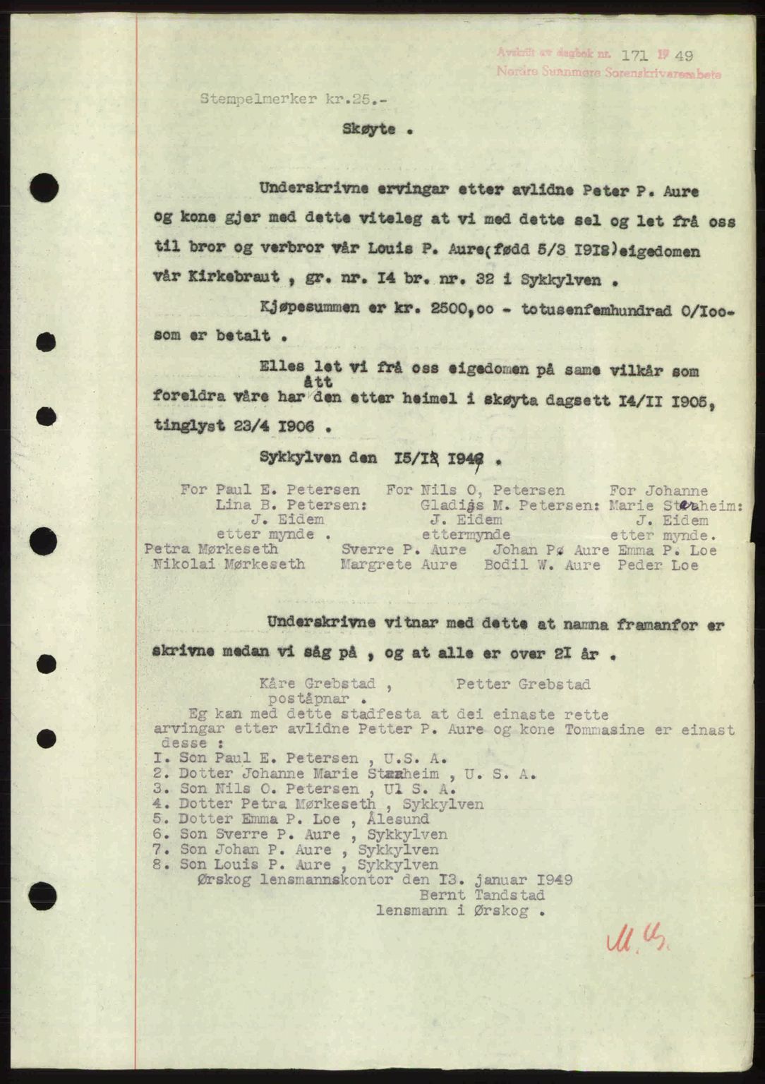 Nordre Sunnmøre sorenskriveri, SAT/A-0006/1/2/2C/2Ca: Pantebok nr. A29, 1948-1949, Dagboknr: 171/1949