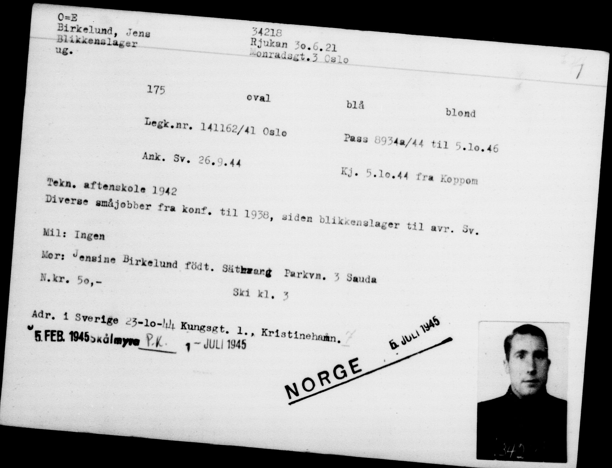 Utenriksstasjonene, Legasjonen i Stockholm, Flyktningkontoret, AV/RA-S-6753/V/Va/L0013: Kjesäterkartoteket, flyktninger med registreringsnr. 31500-34731, 1940-1945, s. 2869