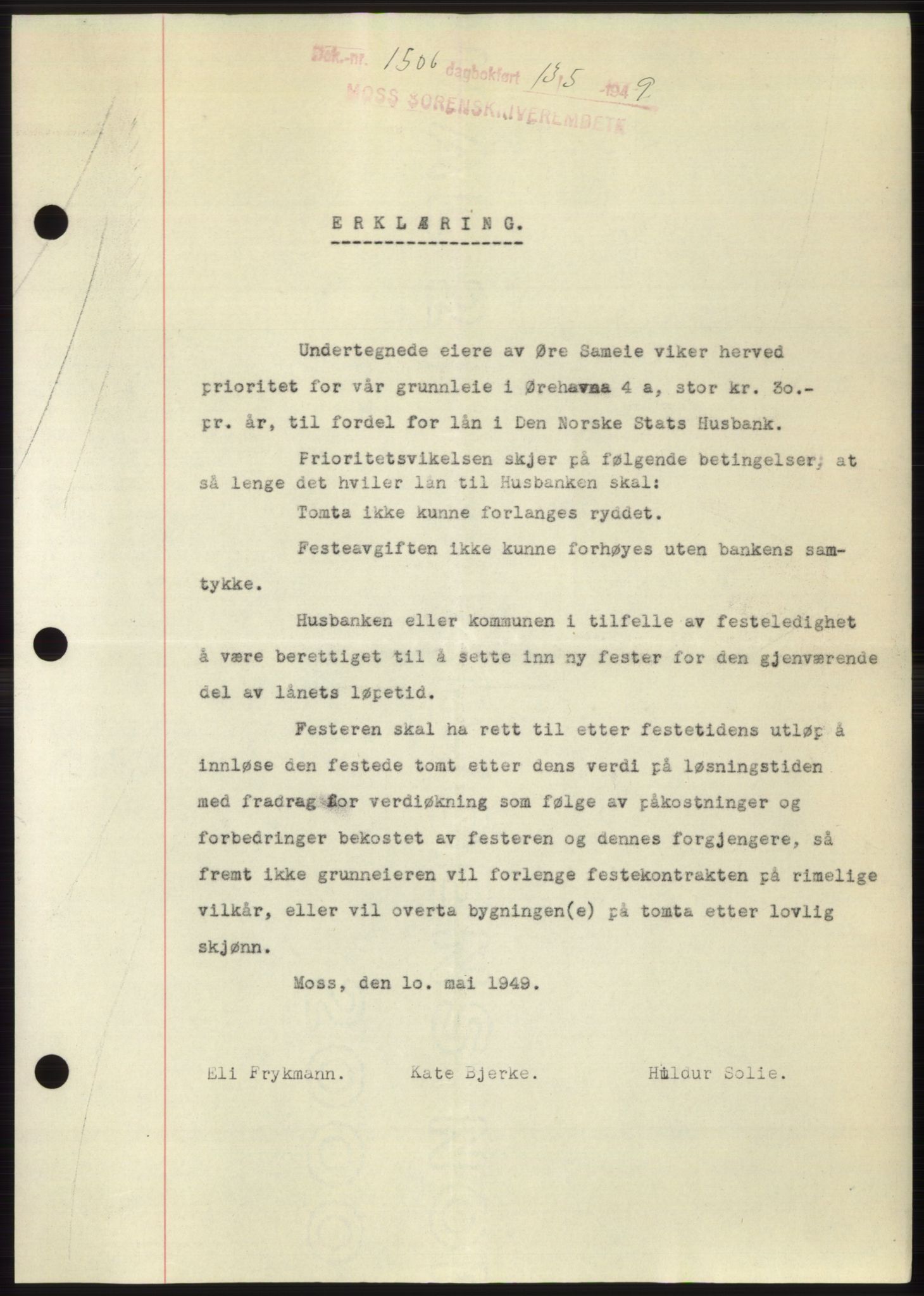 Moss sorenskriveri, SAO/A-10168: Pantebok nr. B21, 1949-1949, Dagboknr: 1506/1949