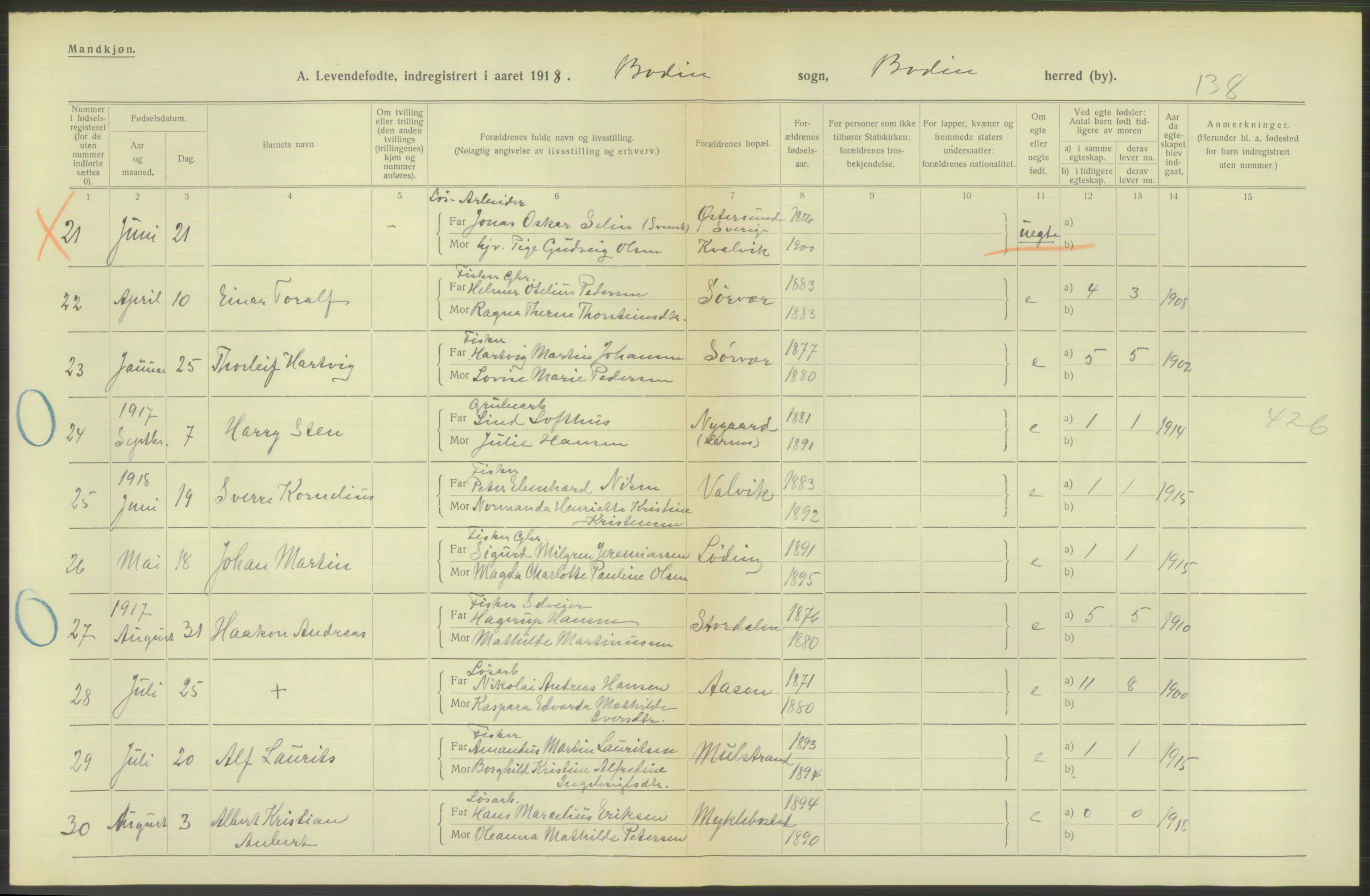 Statistisk sentralbyrå, Sosiodemografiske emner, Befolkning, AV/RA-S-2228/D/Df/Dfb/Dfbh/L0052: Nordland fylke: Levendefødte menn og kvinner. Bygder., 1918, s. 526