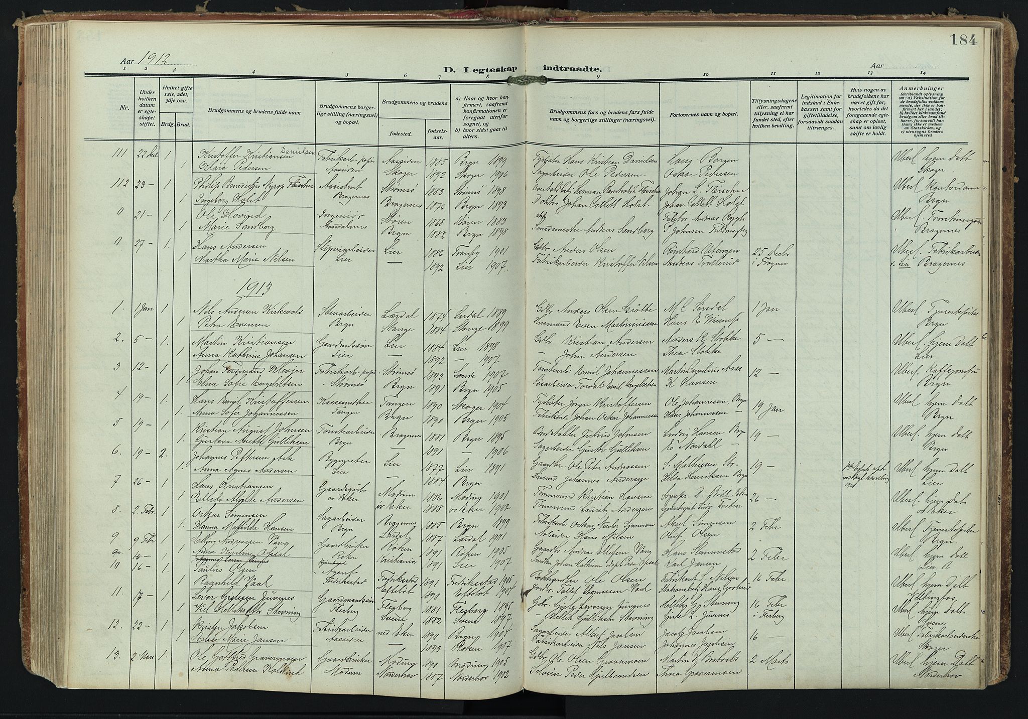 Bragernes kirkebøker, AV/SAKO-A-6/F/Fc/L0008: Ministerialbok nr. III 8, 1909-1921, s. 184