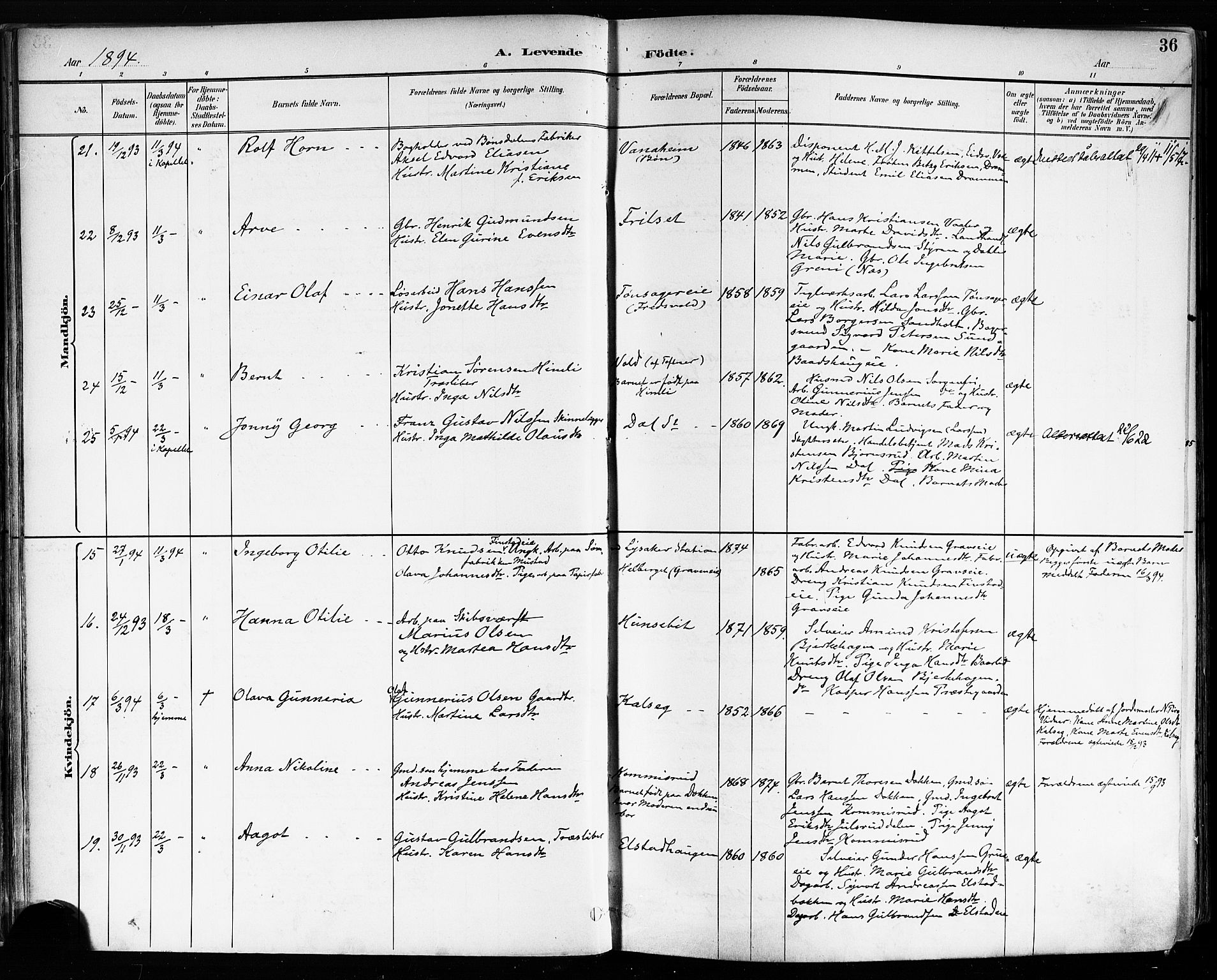 Eidsvoll prestekontor Kirkebøker, AV/SAO-A-10888/F/Fa/L0004: Ministerialbok nr. I 4, 1891-1900, s. 36