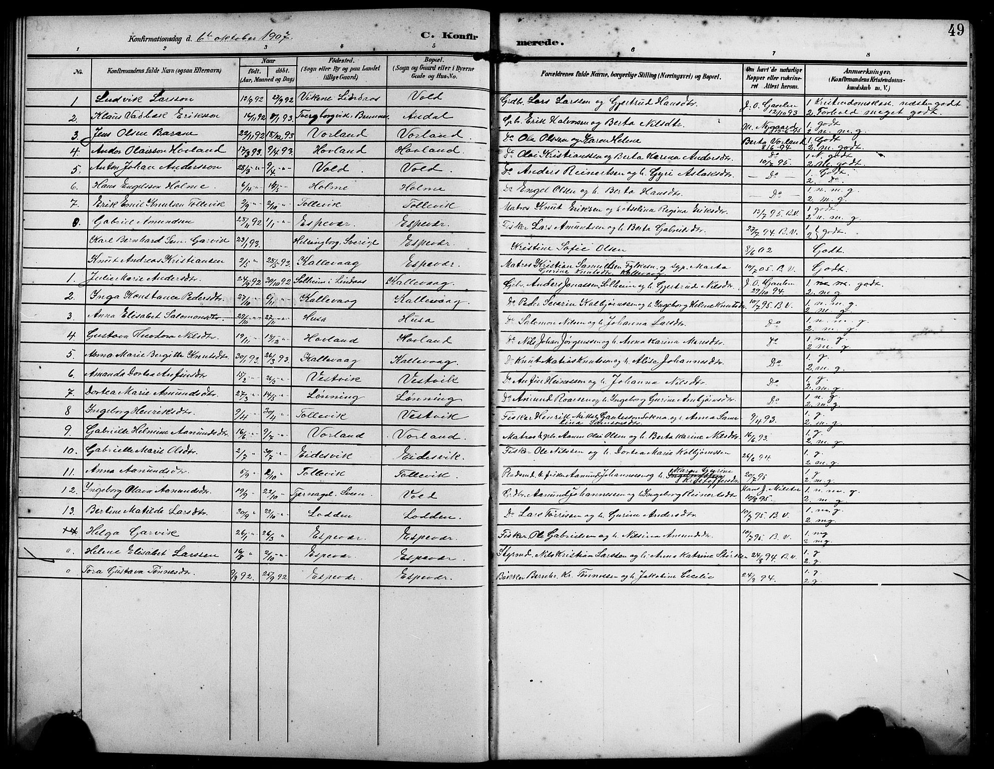 Finnås sokneprestembete, AV/SAB-A-99925/H/Ha/Hab/Habc/L0003: Klokkerbok nr. C 3, 1907-1917, s. 49