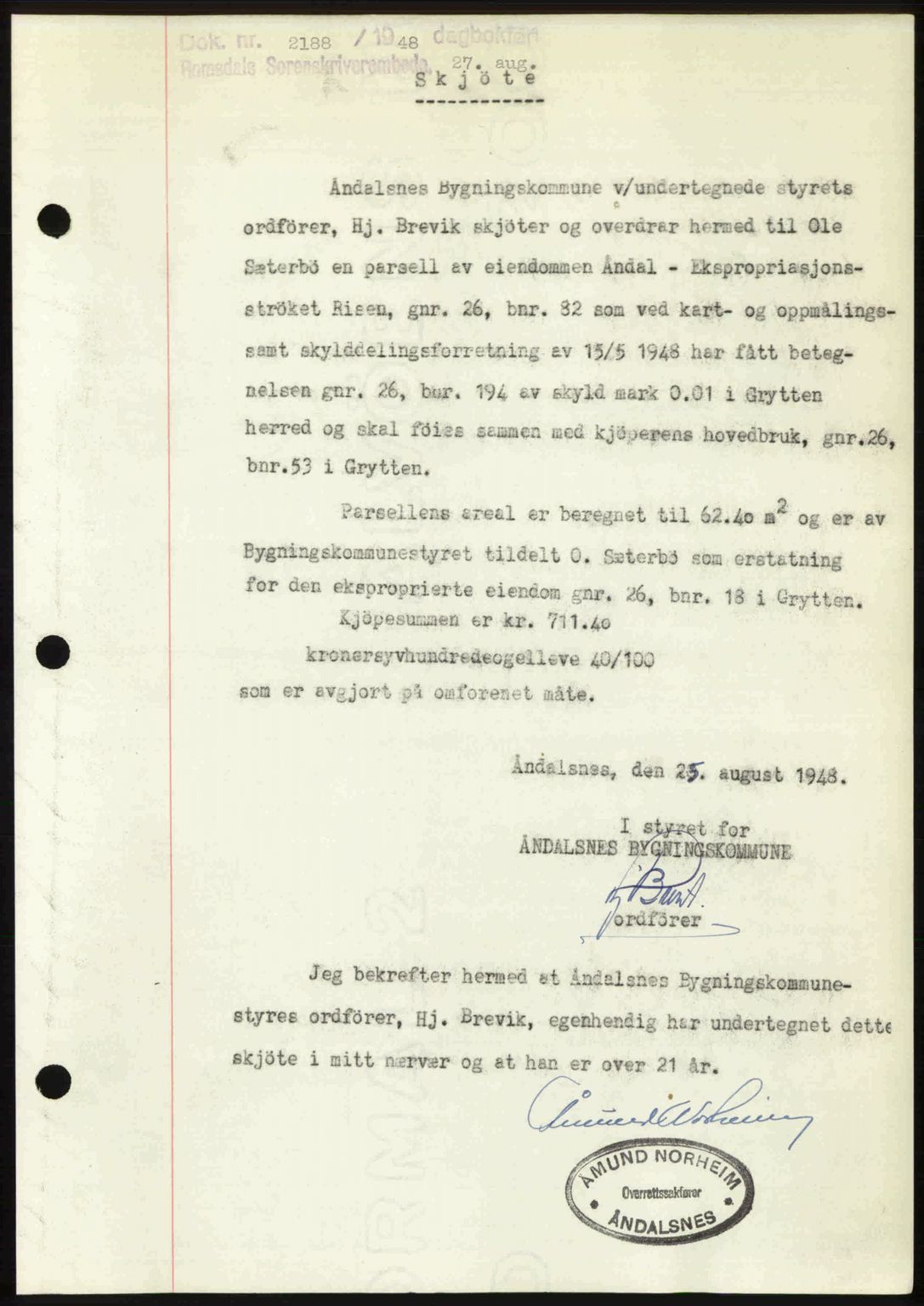 Romsdal sorenskriveri, SAT/A-4149/1/2/2C: Pantebok nr. A27, 1948-1948, Dagboknr: 2188/1948