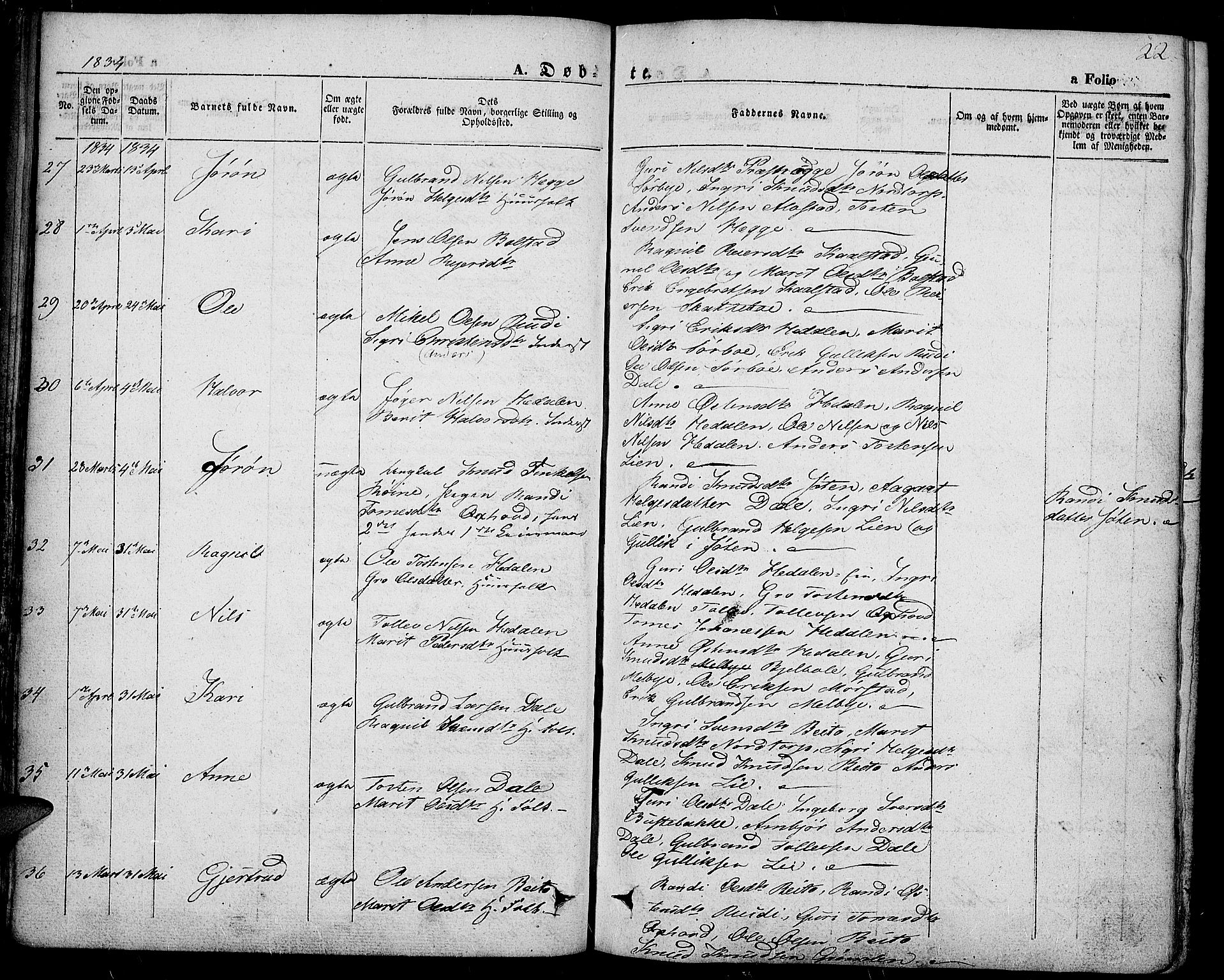 Slidre prestekontor, AV/SAH-PREST-134/H/Ha/Haa/L0004: Ministerialbok nr. 4, 1831-1848, s. 22