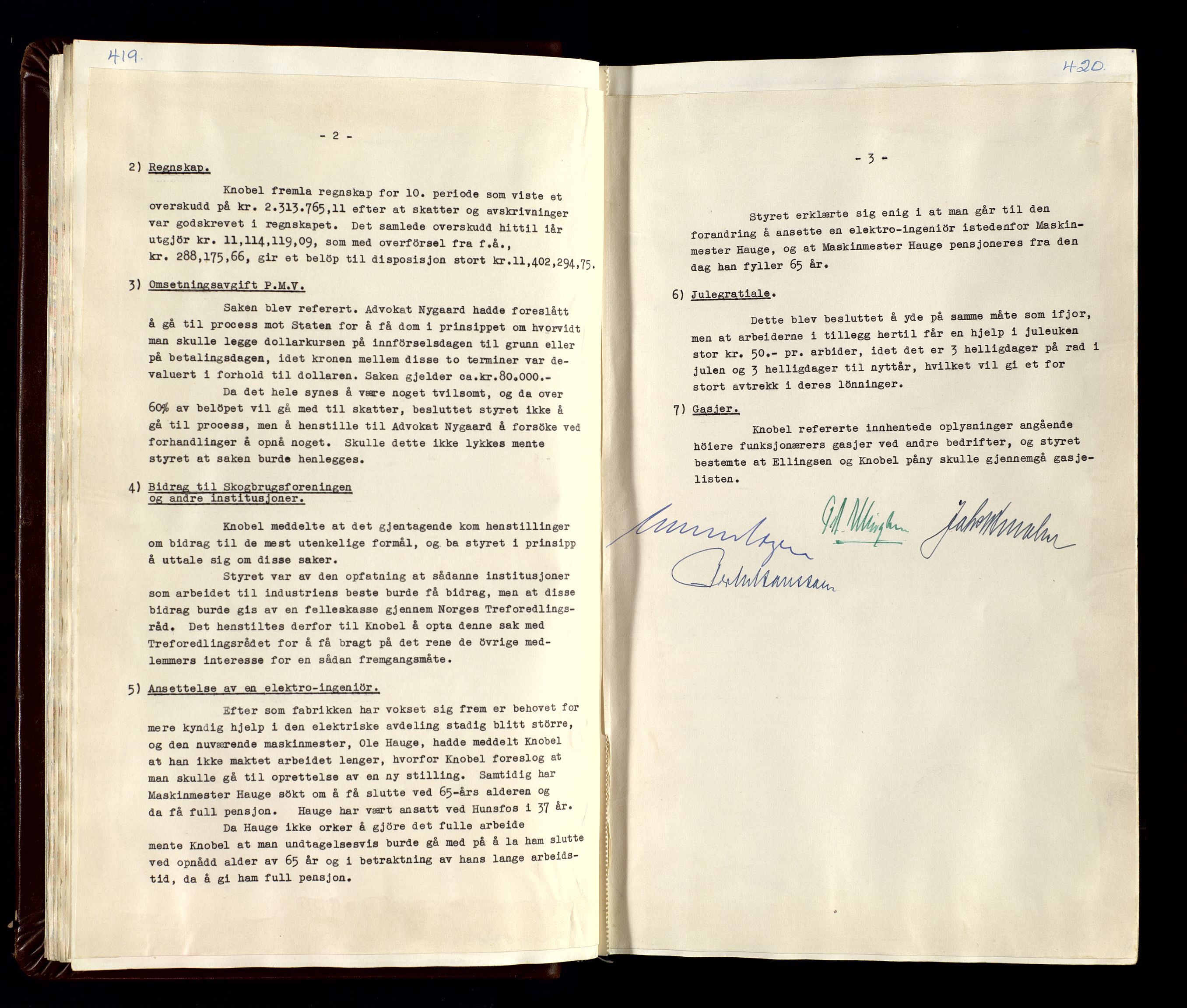 Hunsfos fabrikker, SAK/D/1440/02/L0007: Referatprotokoll fra styremøter (møte nr 114-221), 1951-1964, s. 419-420