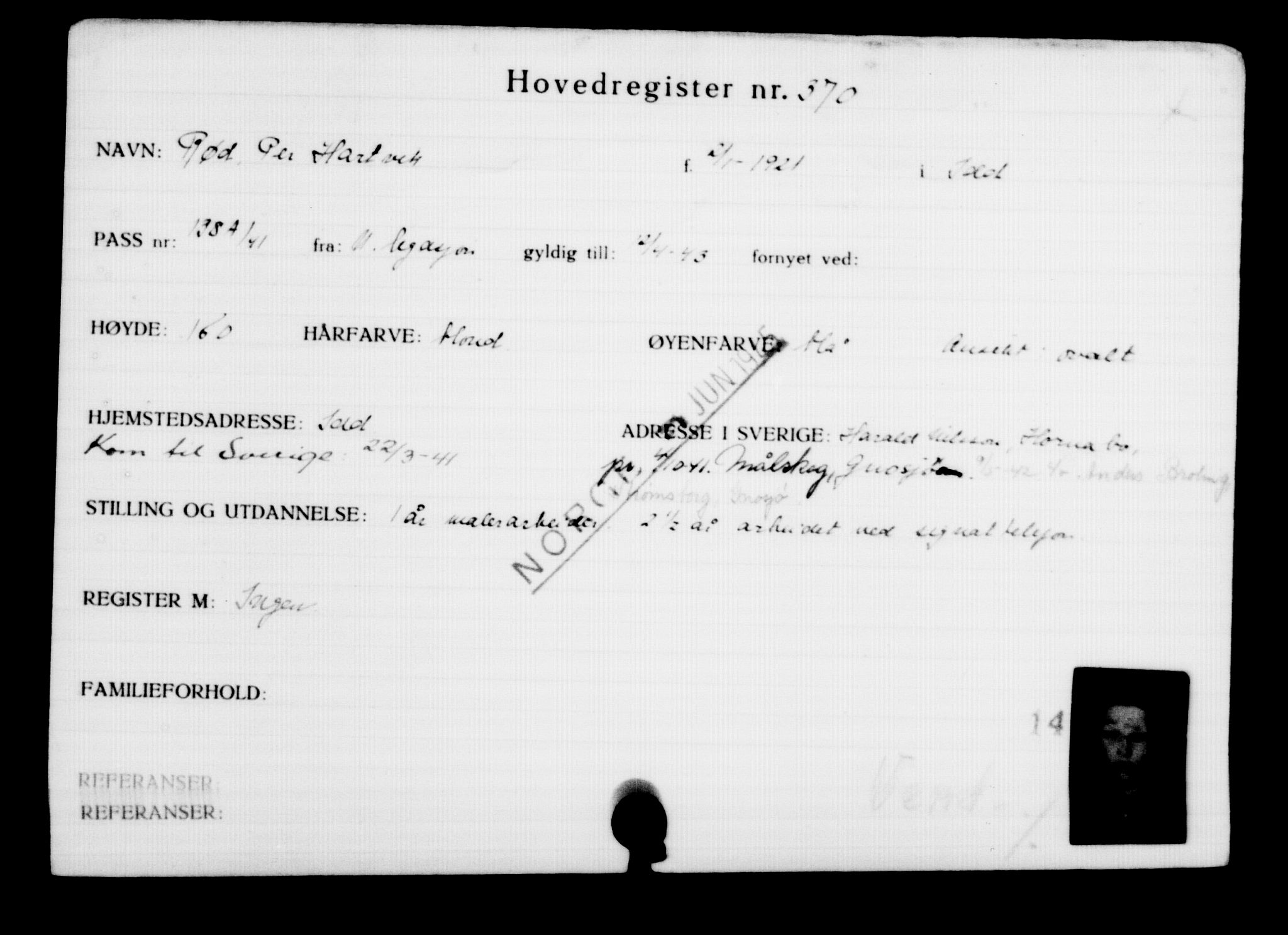 Utenriksstasjonene, Legasjonen i Stockholm, Flyktningkontoret, AV/RA-S-6753/V/Va/L0001: Kjesäterkartoteket, flyktninger med registreringsnr. 1-1000, 1940-1945, s. 584