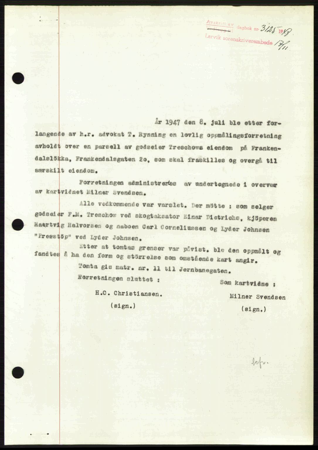 Larvik sorenskriveri, SAKO/A-83/G/Ga/Gab/L0085: Pantebok nr. A-19, 1947-1948, Dagboknr: 3125/1947