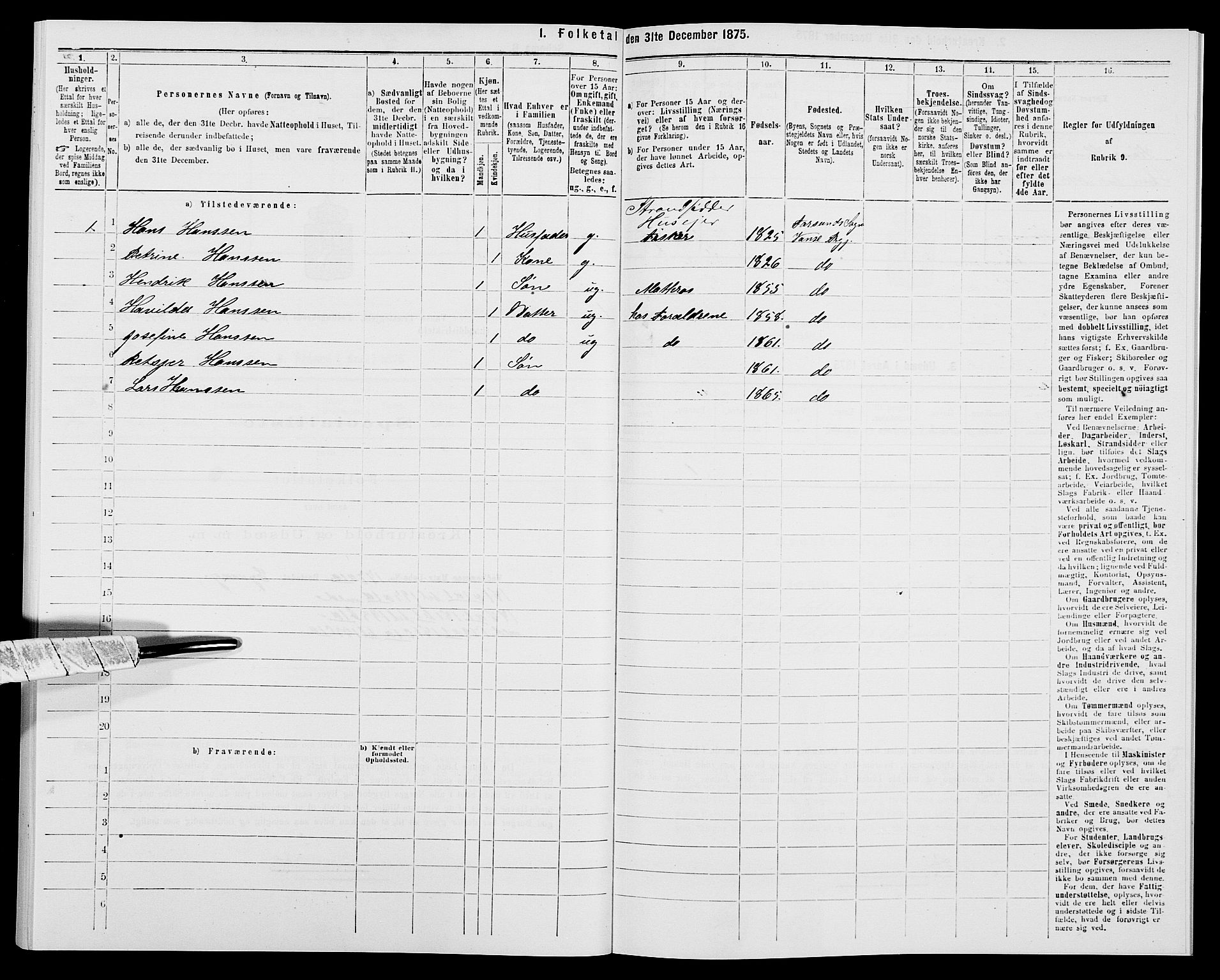 SAK, Folketelling 1875 for 1041L Vanse prestegjeld, Vanse sokn og Farsund landsokn, 1875, s. 443