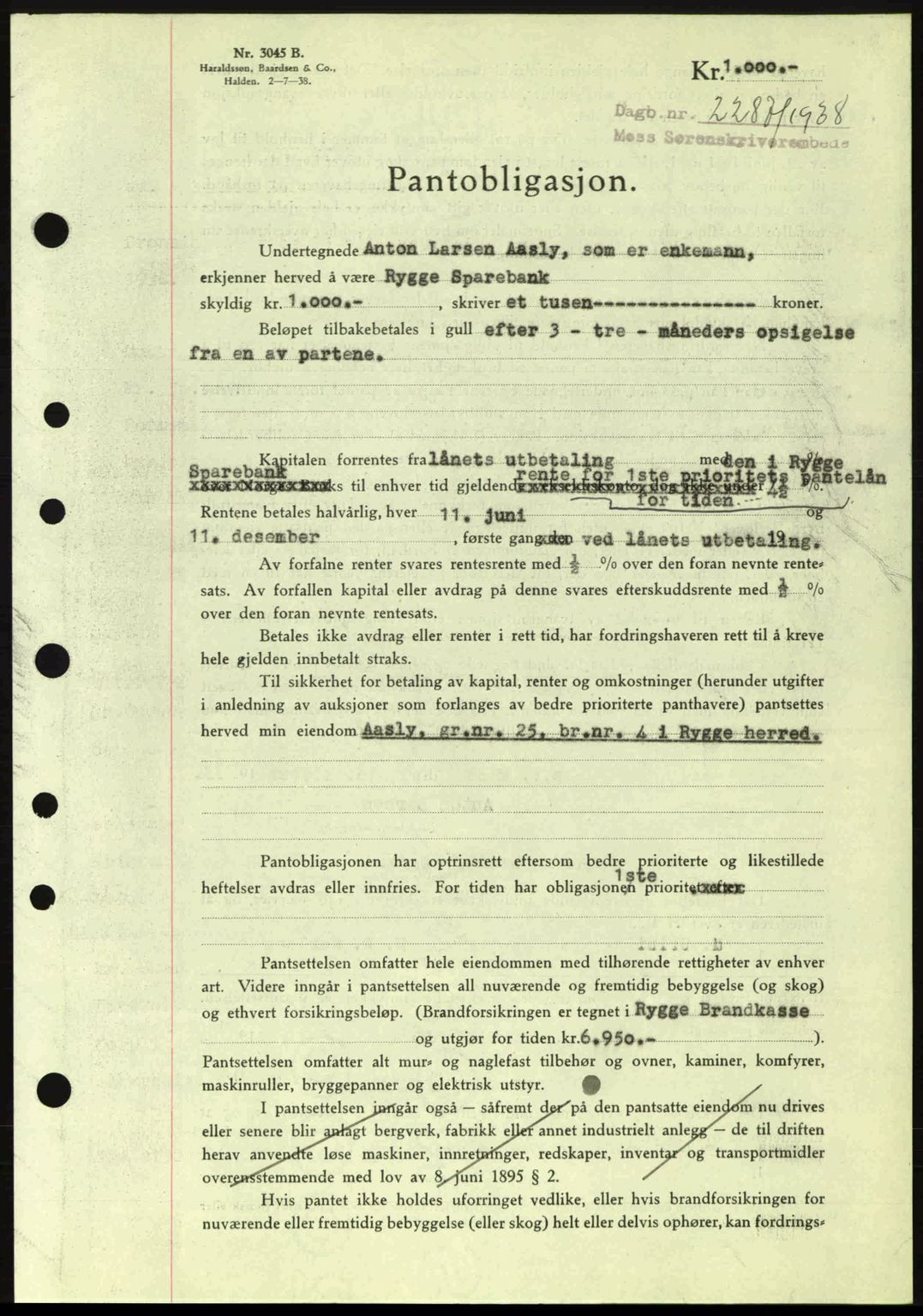 Moss sorenskriveri, SAO/A-10168: Pantebok nr. B6, 1938-1938, Dagboknr: 2287/1938