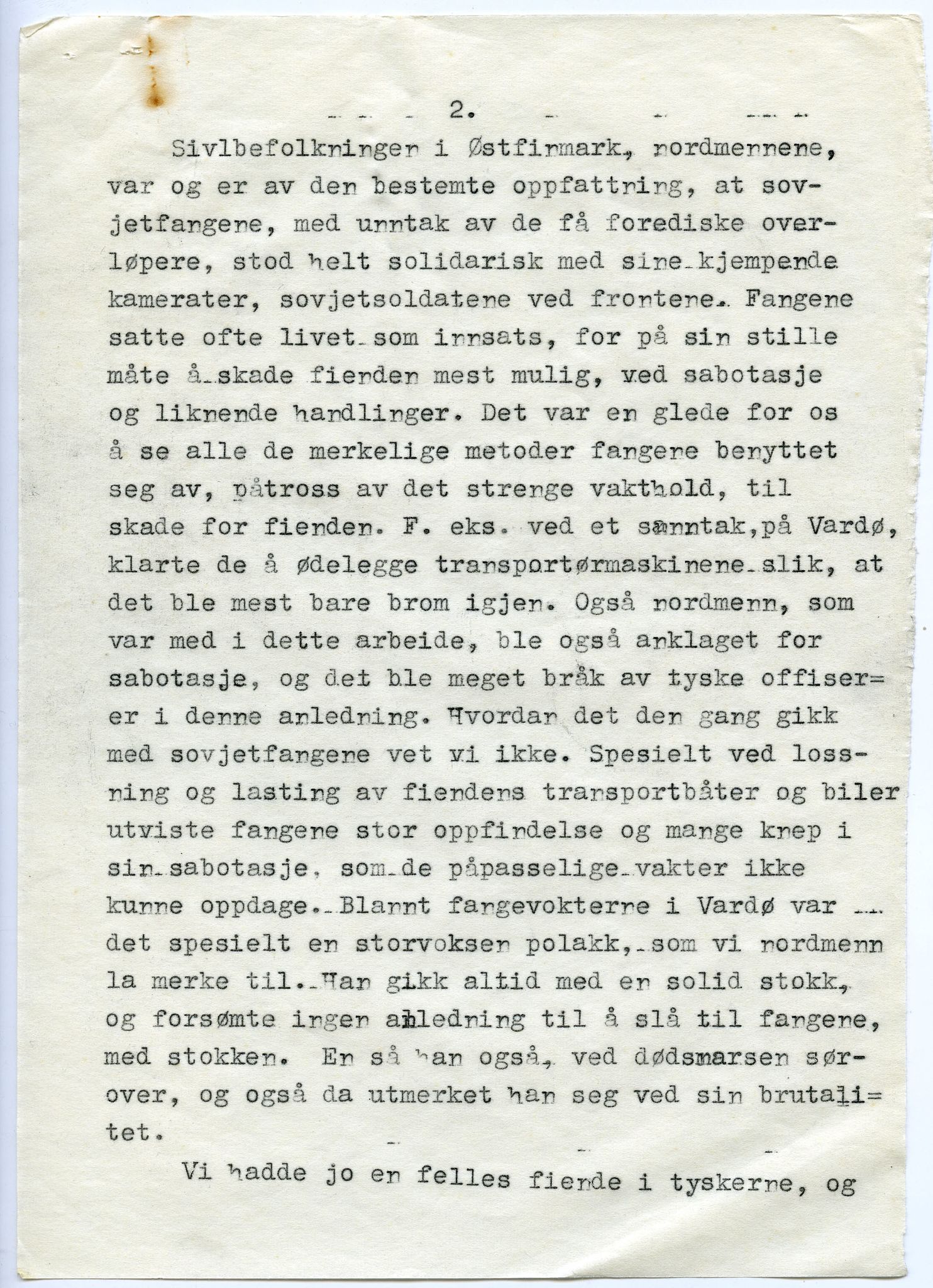 Vilfred Dybos, FMFB/A-1111/F/L0002/0013: Leserinnlegg og manuskripter / Maskinskrevne avisinnlegg: Sovjetfanger i Øst-Finnmark