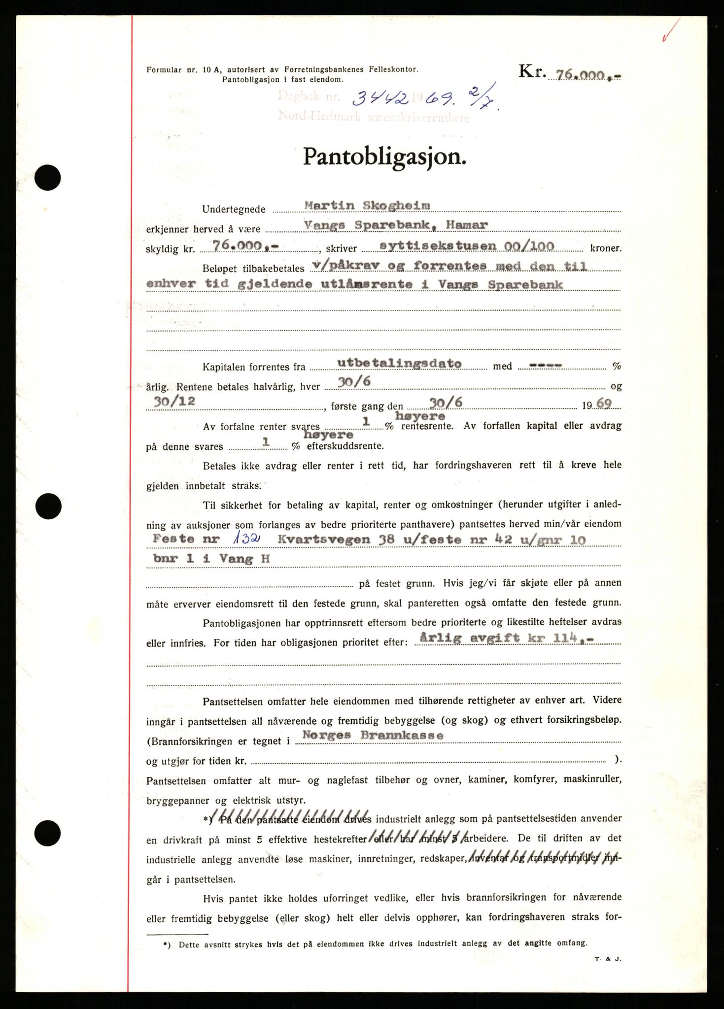 Nord-Hedmark sorenskriveri, SAH/TING-012/H/Hb/Hbf/L0080: Pantebok nr. B80, 1969-1969, Dagboknr: 3442/1969