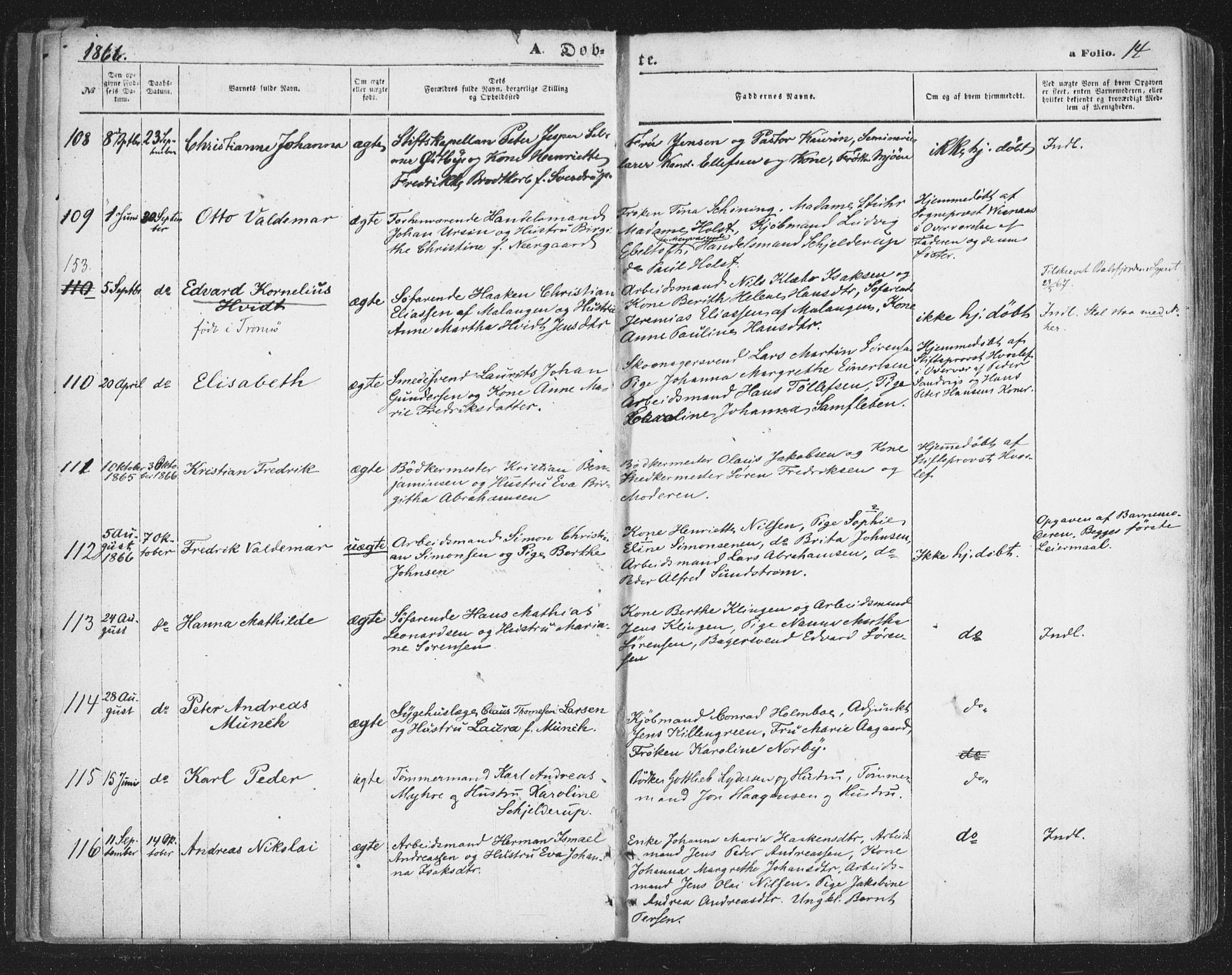 Tromsø sokneprestkontor/stiftsprosti/domprosti, AV/SATØ-S-1343/G/Ga/L0012kirke: Ministerialbok nr. 12, 1865-1871, s. 14