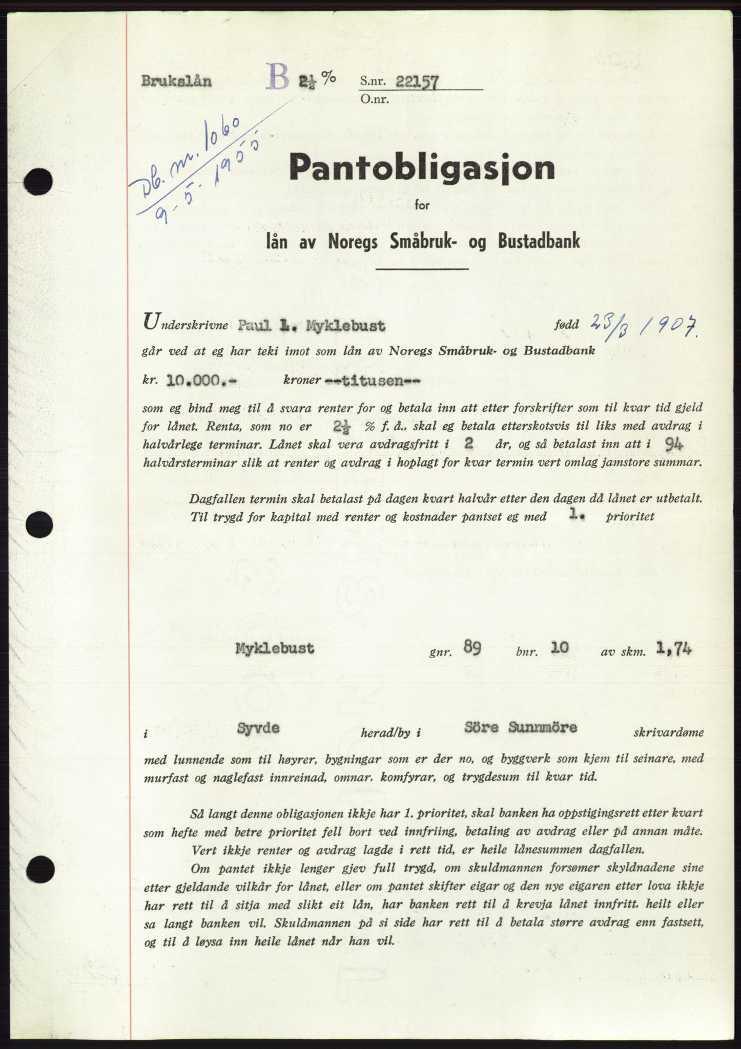 Søre Sunnmøre sorenskriveri, AV/SAT-A-4122/1/2/2C/L0126: Pantebok nr. 14B, 1954-1955, Dagboknr: 1060/1955