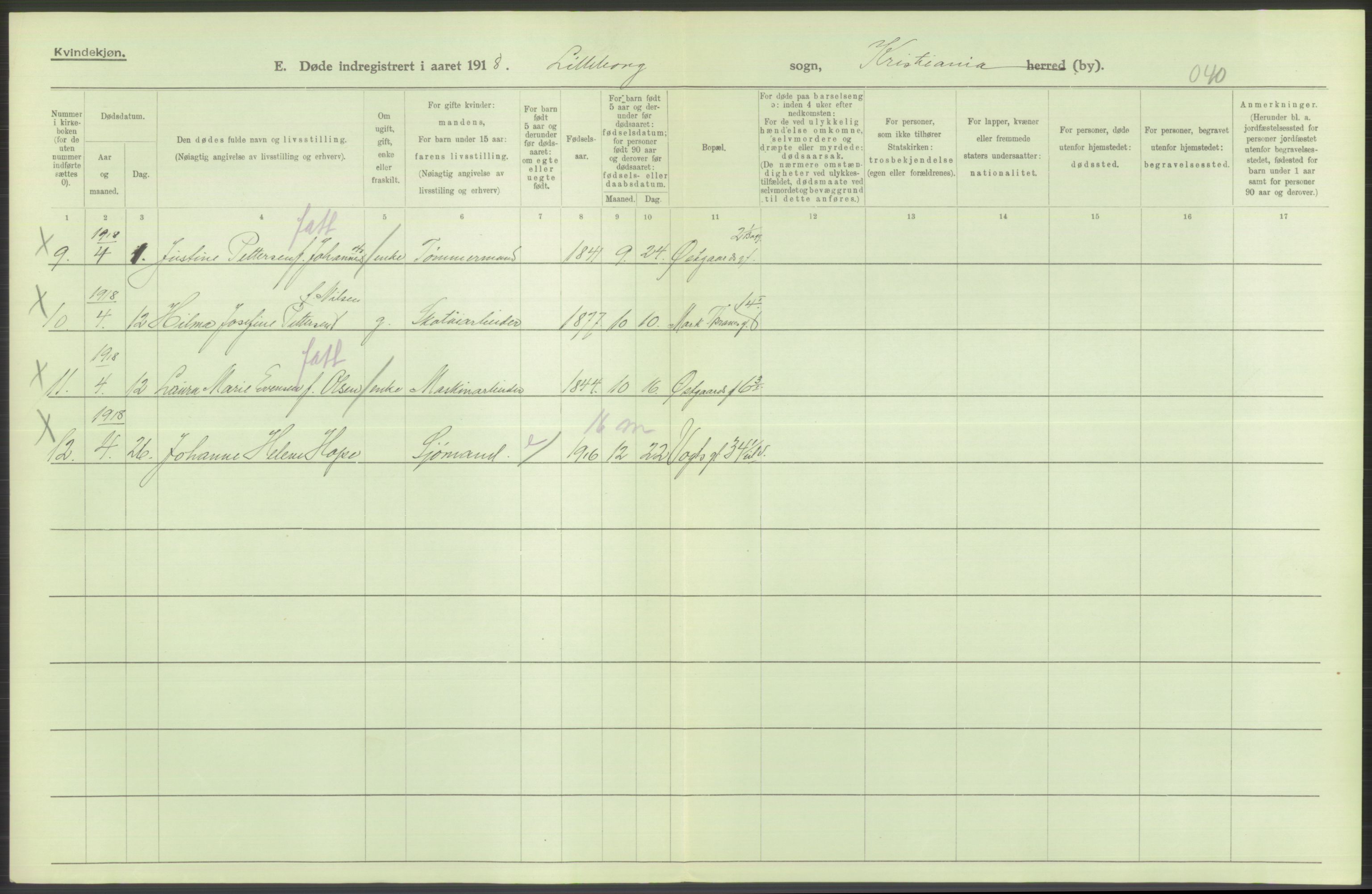 Statistisk sentralbyrå, Sosiodemografiske emner, Befolkning, RA/S-2228/D/Df/Dfb/Dfbh/L0010: Kristiania: Døde, 1918, s. 458