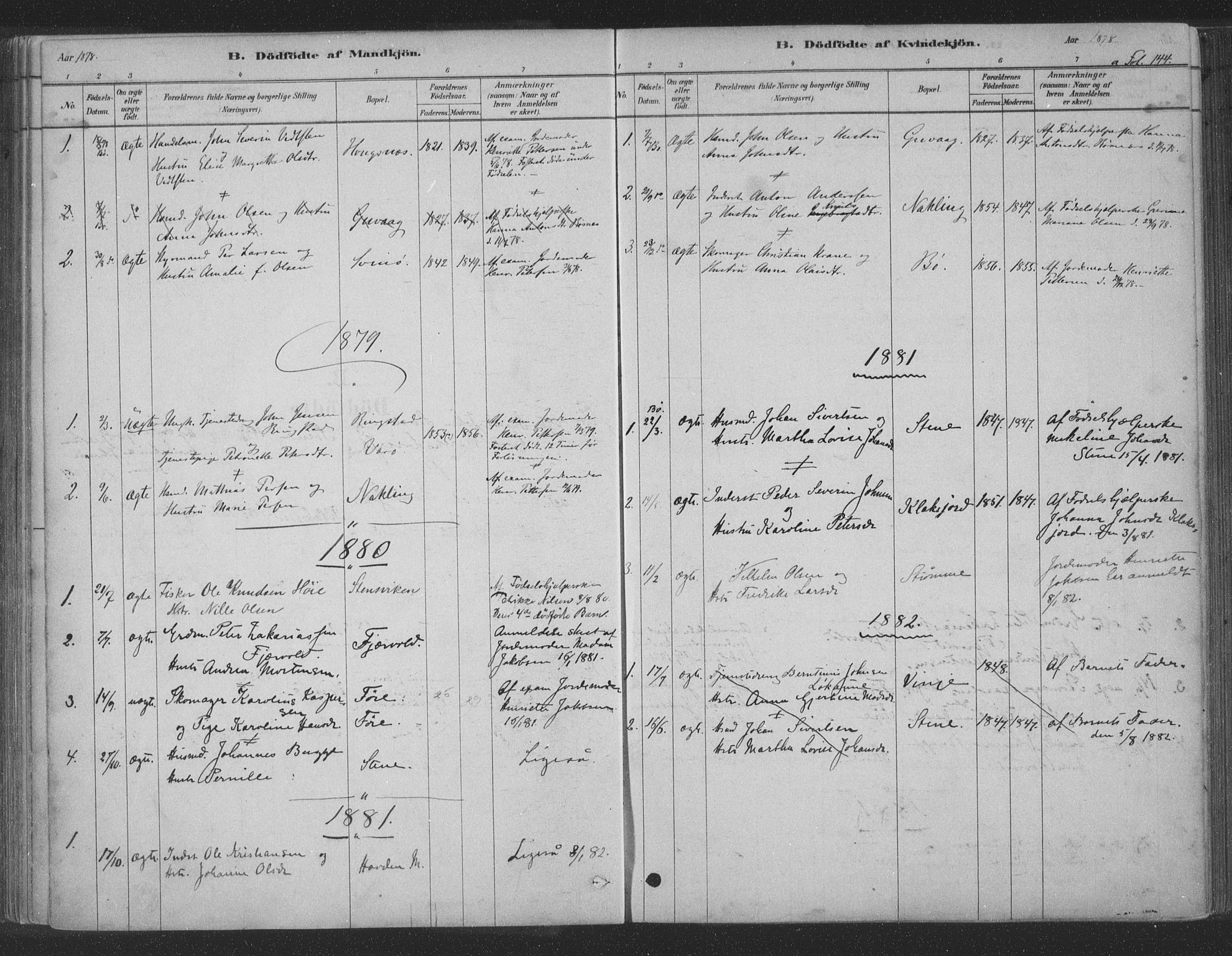 Ministerialprotokoller, klokkerbøker og fødselsregistre - Nordland, SAT/A-1459/891/L1302: Ministerialbok nr. 891A07, 1878-1895, s. 144