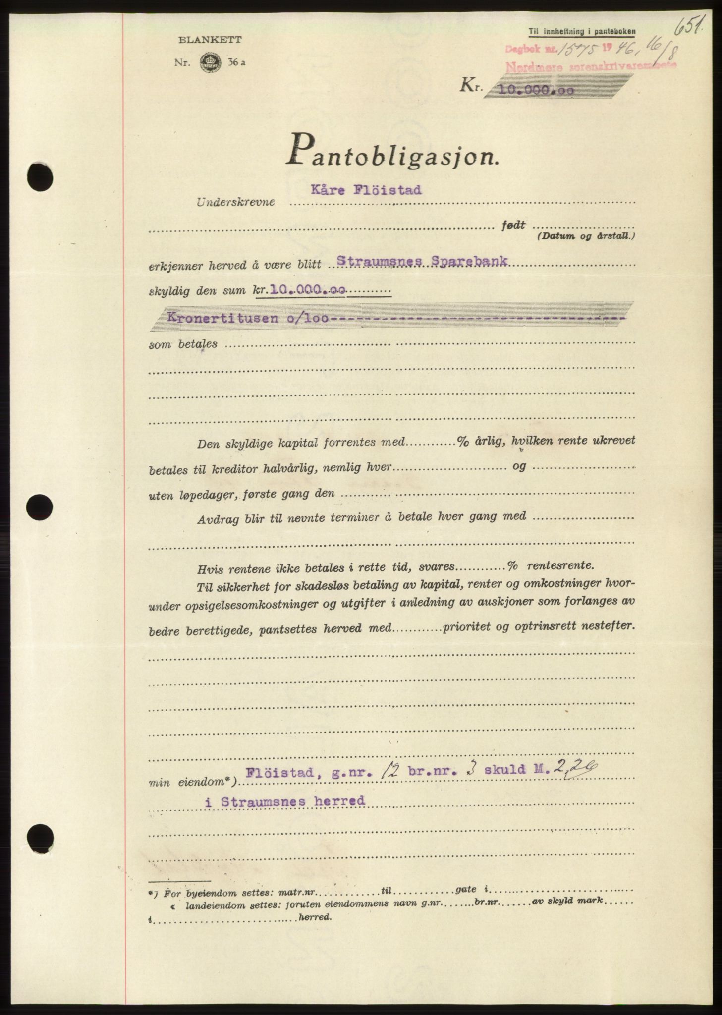 Nordmøre sorenskriveri, SAT/A-4132/1/2/2Ca: Pantebok nr. B94, 1946-1946, Dagboknr: 1575/1946
